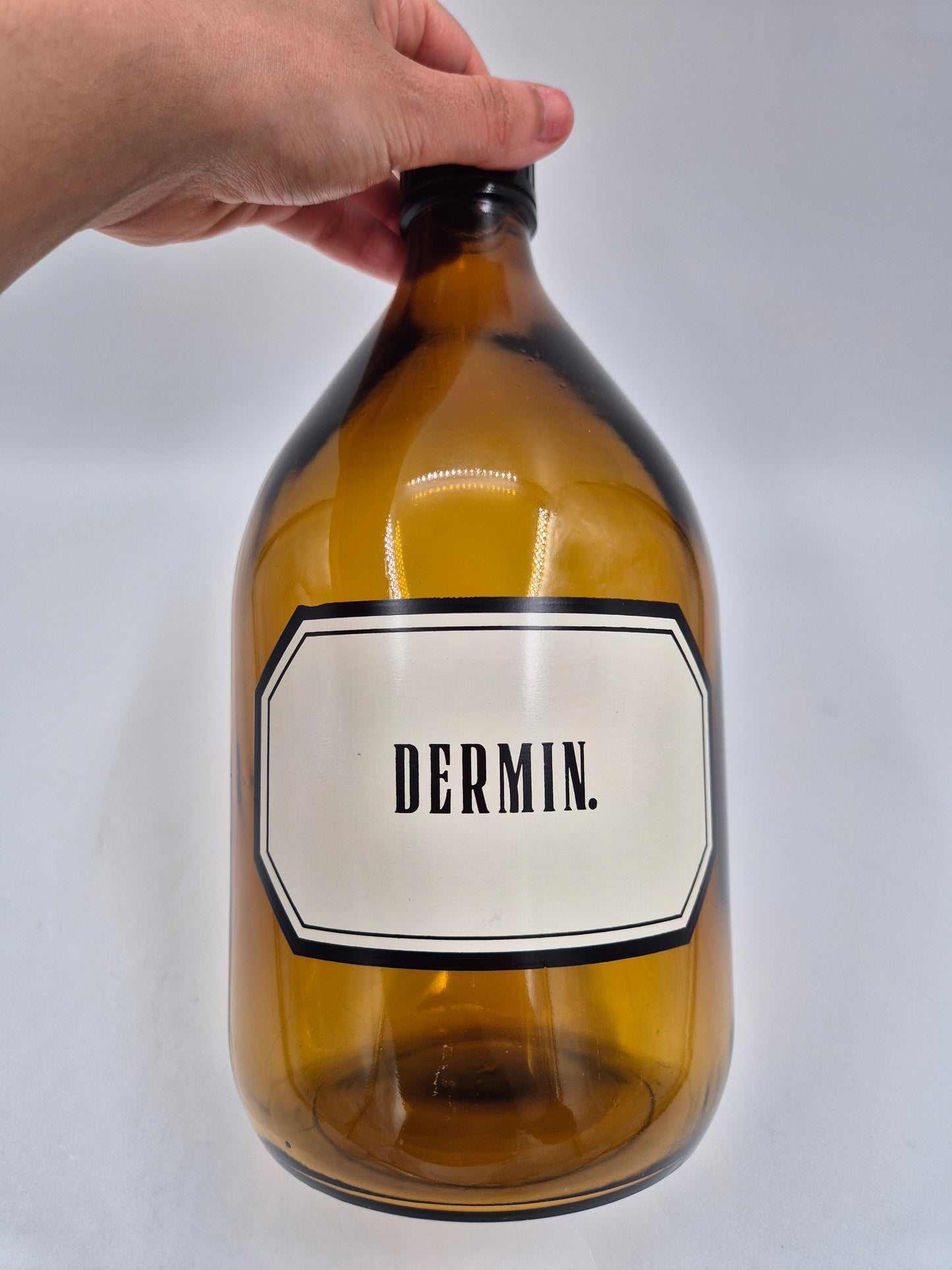 Vintage Apothecary Bottle “DERMIN” – Amber Glass Pharmacy Bottle with Black Cap – 28 cm