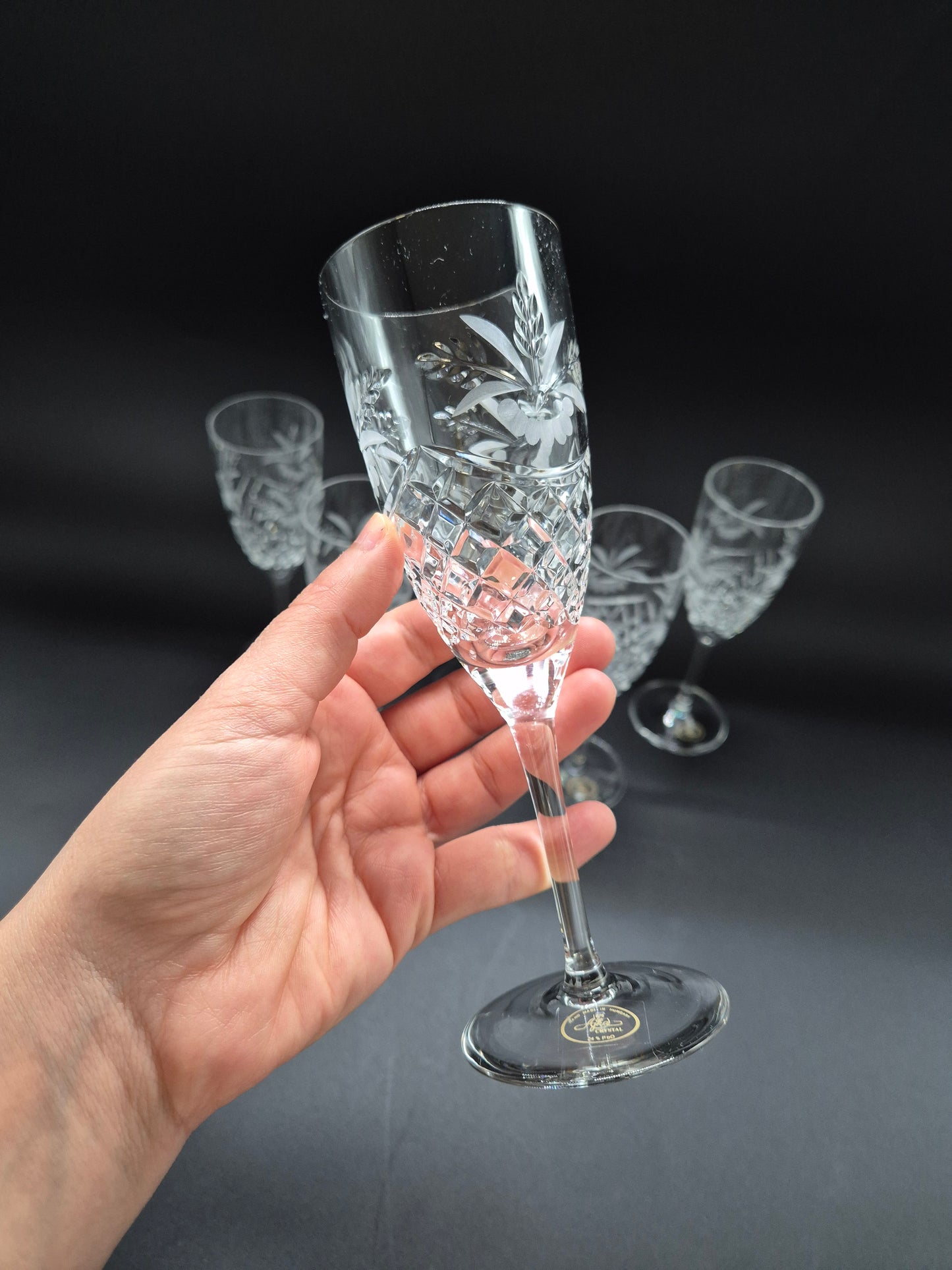 Set of 6 Ajka Crystal Champagne Glasses | Vintage Hungarian Cut Crystal Glassware
