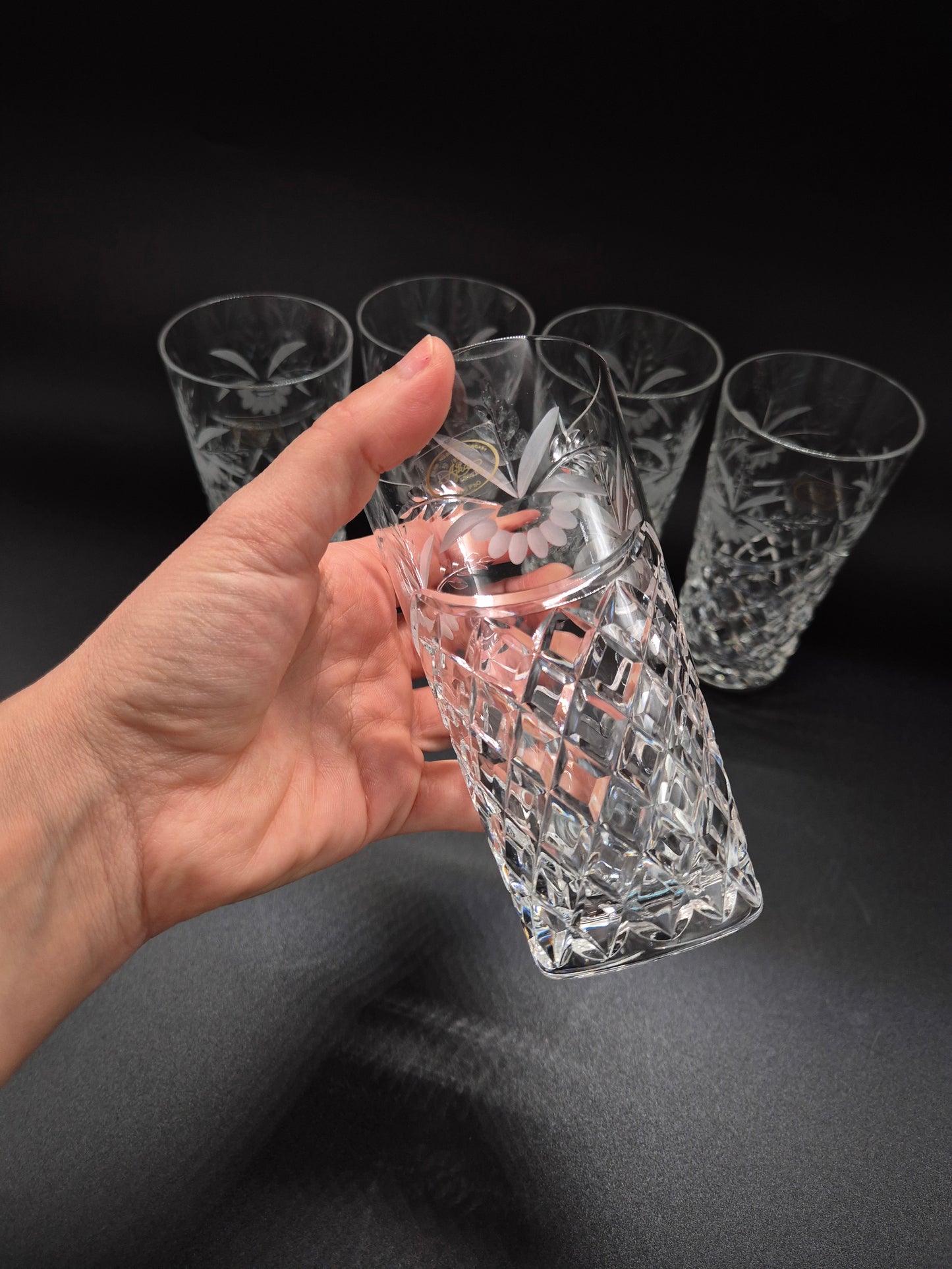 Set of 5 Ajka Crystal Drinking Glasses | Vintage Hungarian Cut Crystal Tumblers | Floral Etched Glassware