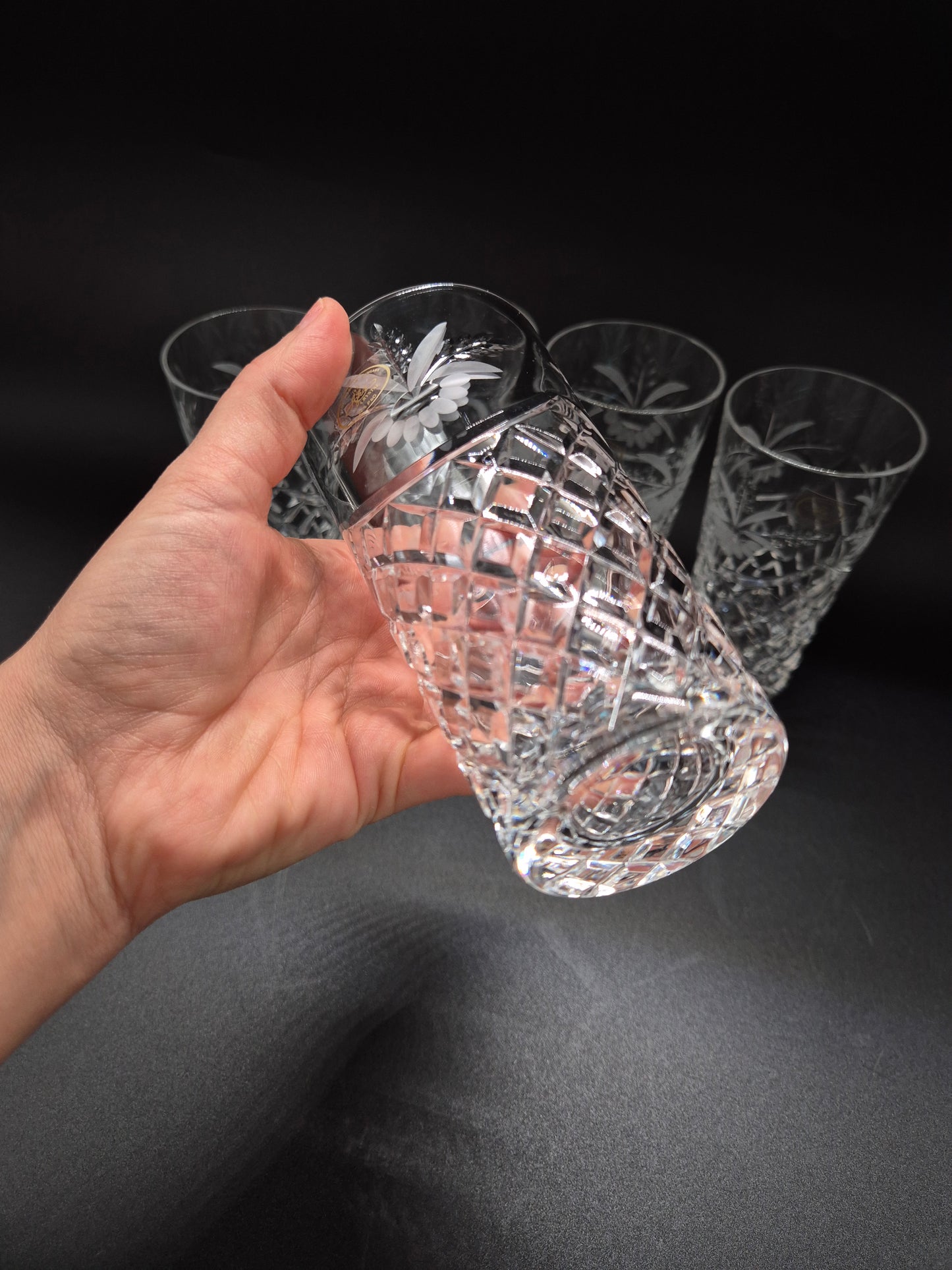 Set of 5 Ajka Crystal Drinking Glasses | Vintage Hungarian Cut Crystal Tumblers | Floral Etched Glassware