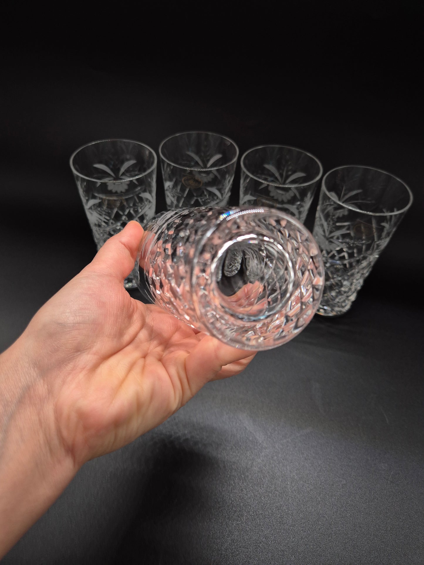 Set of 5 Ajka Crystal Drinking Glasses | Vintage Hungarian Cut Crystal Tumblers | Floral Etched Glassware