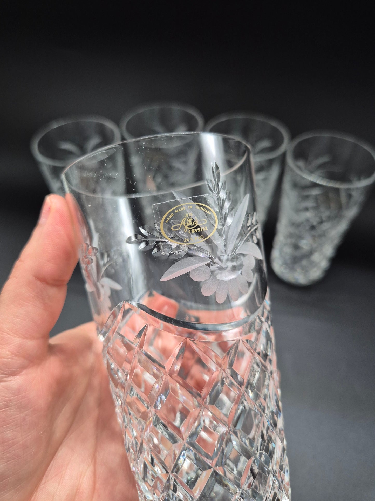 Set of 5 Ajka Crystal Drinking Glasses | Vintage Hungarian Cut Crystal Tumblers | Floral Etched Glassware