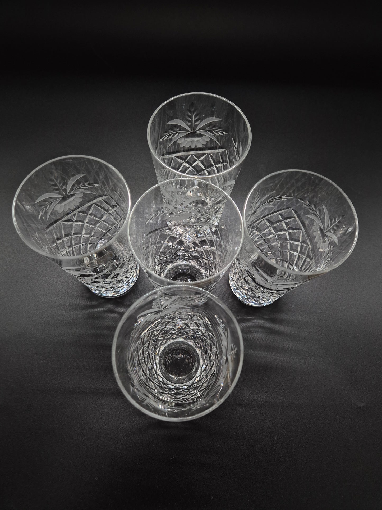 Set of 5 Ajka Crystal Drinking Glasses | Vintage Hungarian Cut Crystal Tumblers | Floral Etched Glassware