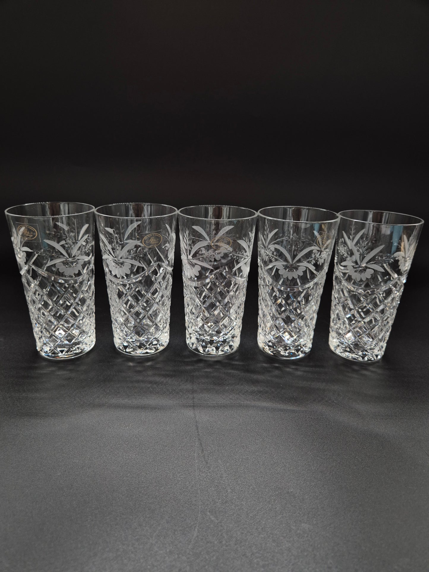 Set of 5 Ajka Crystal Drinking Glasses | Vintage Hungarian Cut Crystal Tumblers | Floral Etched Glassware