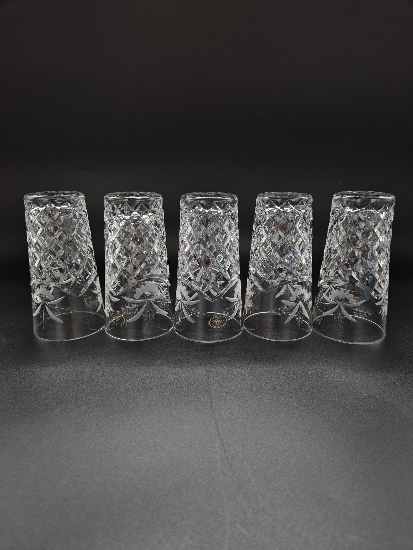 Set of 5 Ajka Crystal Drinking Glasses | Vintage Hungarian Cut Crystal Tumblers | Floral Etched Glassware