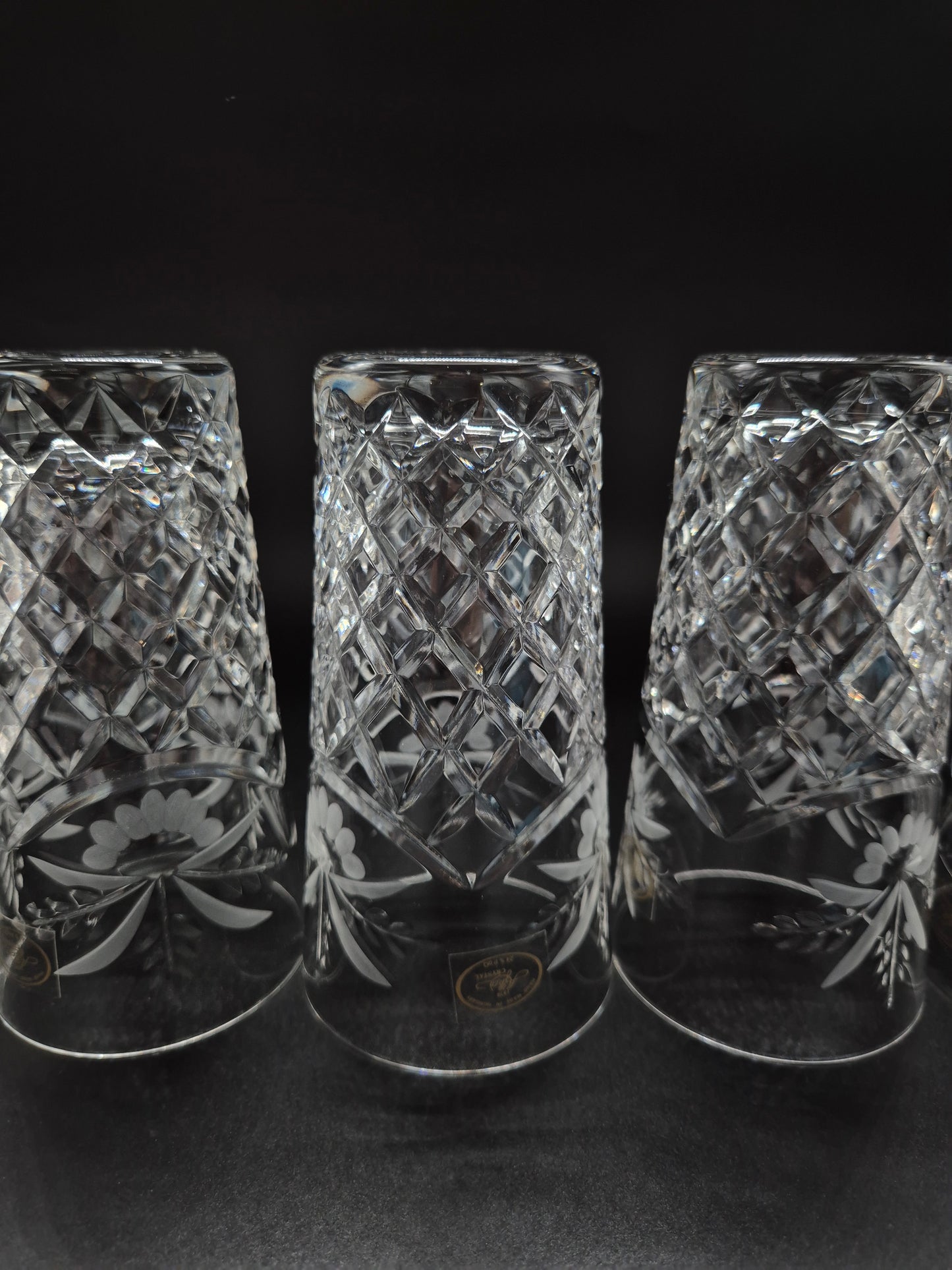 Set of 5 Ajka Crystal Drinking Glasses | Vintage Hungarian Cut Crystal Tumblers | Floral Etched Glassware