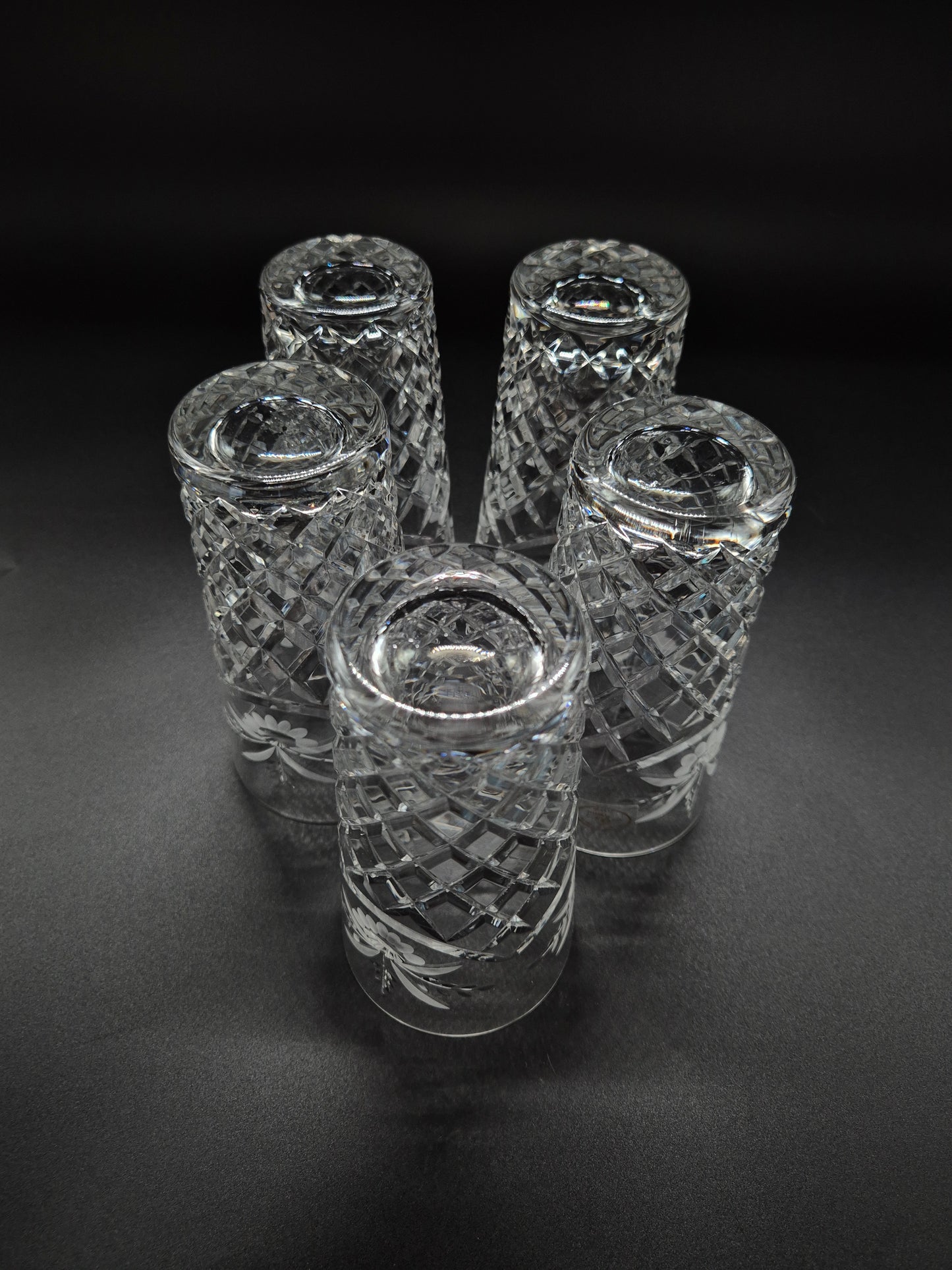 Set of 5 Ajka Crystal Drinking Glasses | Vintage Hungarian Cut Crystal Tumblers | Floral Etched Glassware