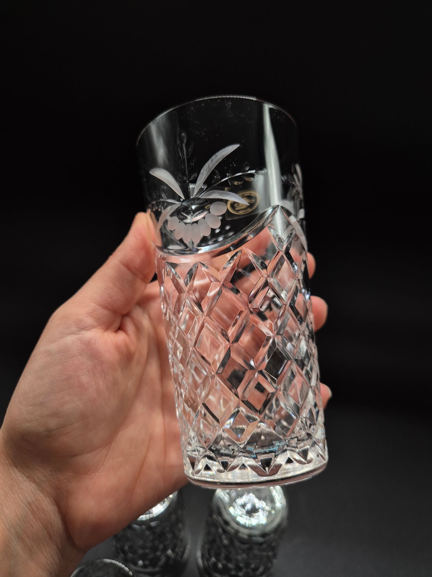 Set of 5 Ajka Crystal Drinking Glasses | Vintage Hungarian Cut Crystal Tumblers | Floral Etched Glassware