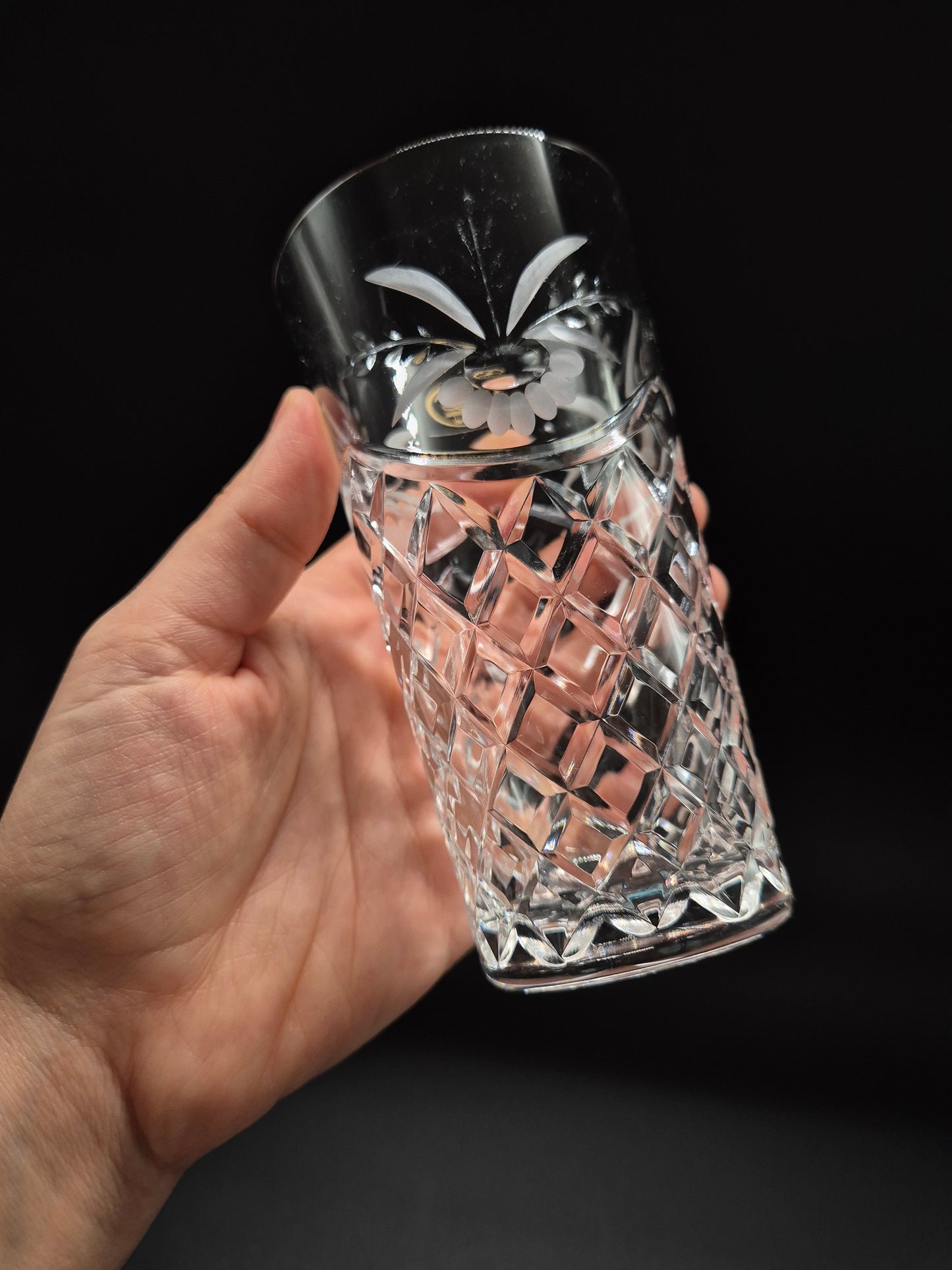 Set of 5 Ajka Crystal Drinking Glasses | Vintage Hungarian Cut Crystal Tumblers | Floral Etched Glassware