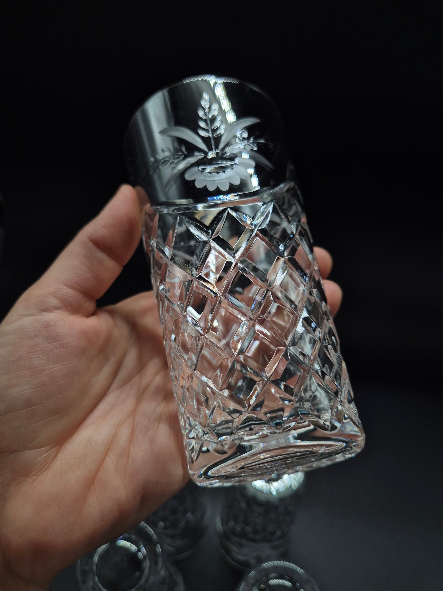 Set of 5 Ajka Crystal Drinking Glasses | Vintage Hungarian Cut Crystal Tumblers | Floral Etched Glassware