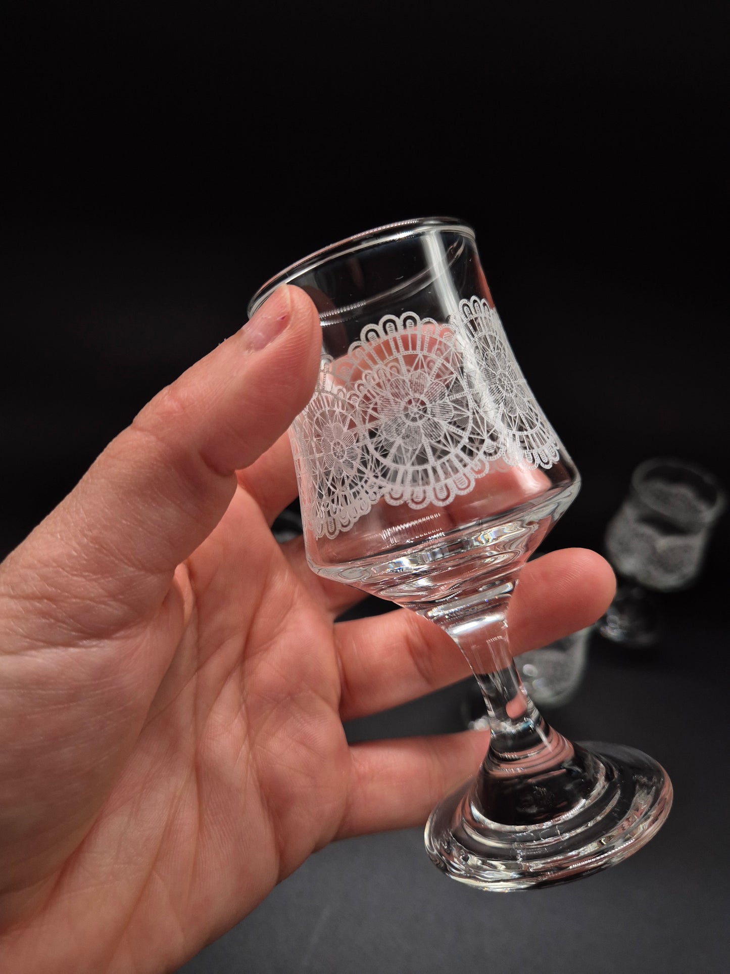 Set of 6 Vintage Lace Pattern Liqueur Glasses | Etched Cocktail Glasses | Retro Finnish Barware
