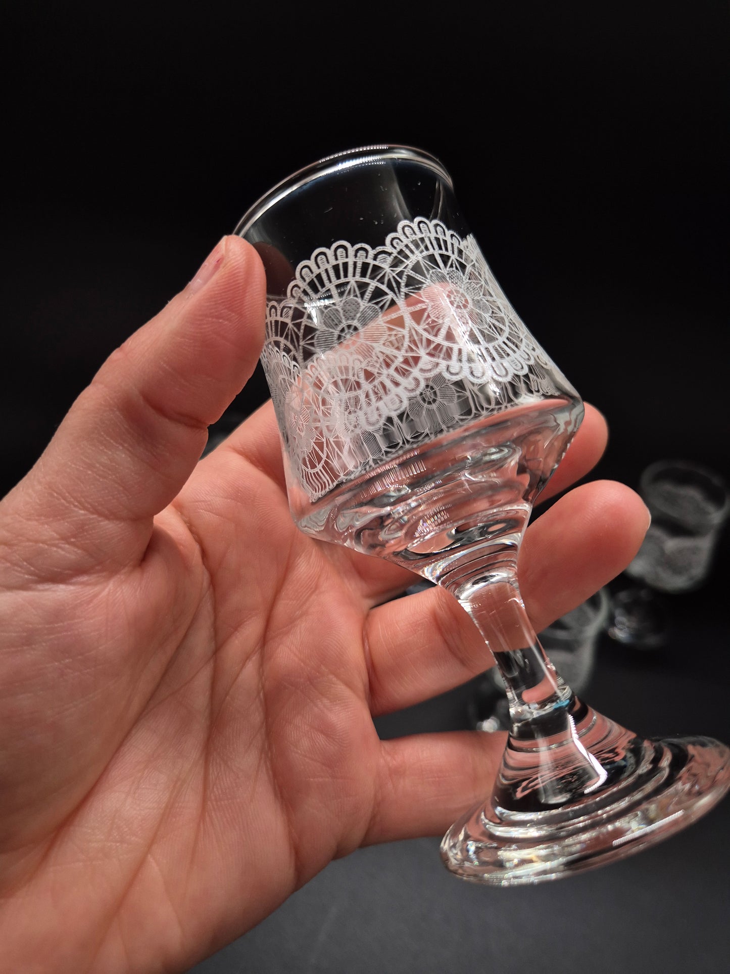 Set of 6 Vintage Lace Pattern Liqueur Glasses | Etched Cocktail Glasses | Retro Finnish Barware