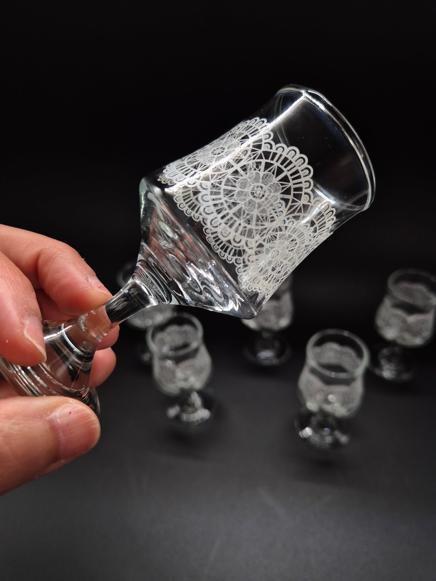 Set of 6 Vintage Lace Pattern Liqueur Glasses | Etched Cocktail Glasses | Retro Finnish Barware
