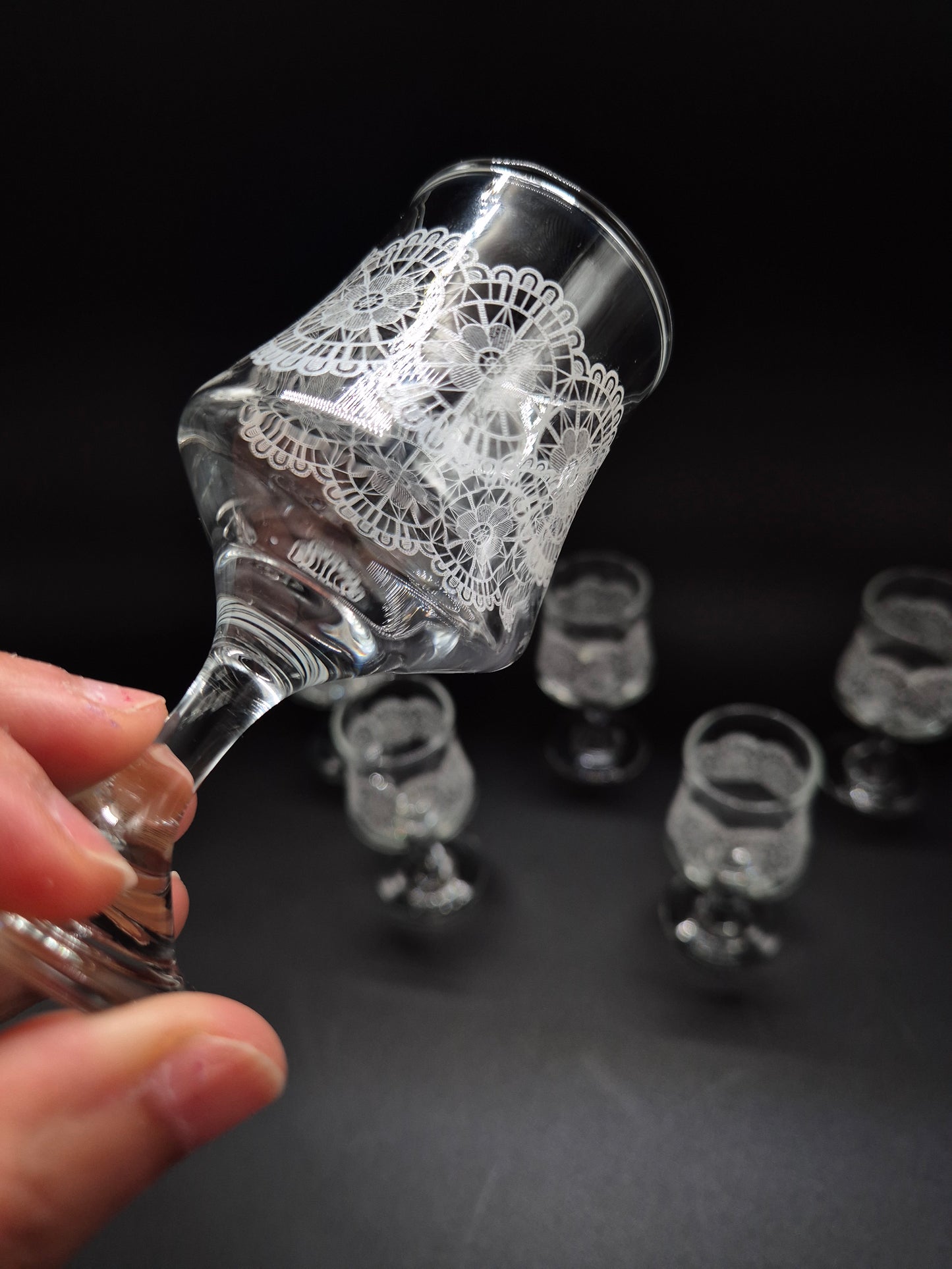Set of 6 Vintage Lace Pattern Liqueur Glasses | Etched Cocktail Glasses | Retro Finnish Barware
