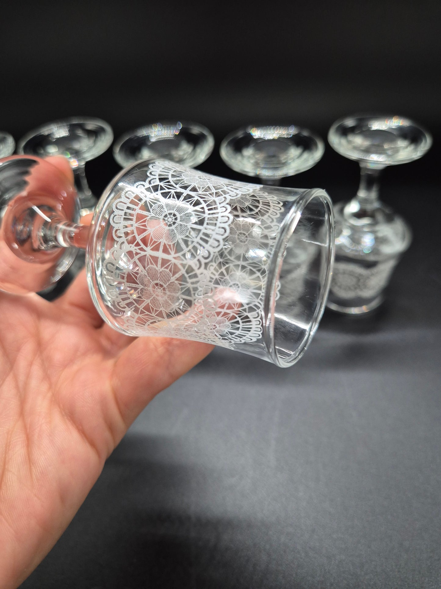 Set of 6 Vintage Lace Pattern Liqueur Glasses | Etched Cocktail Glasses | Retro Finnish Barware