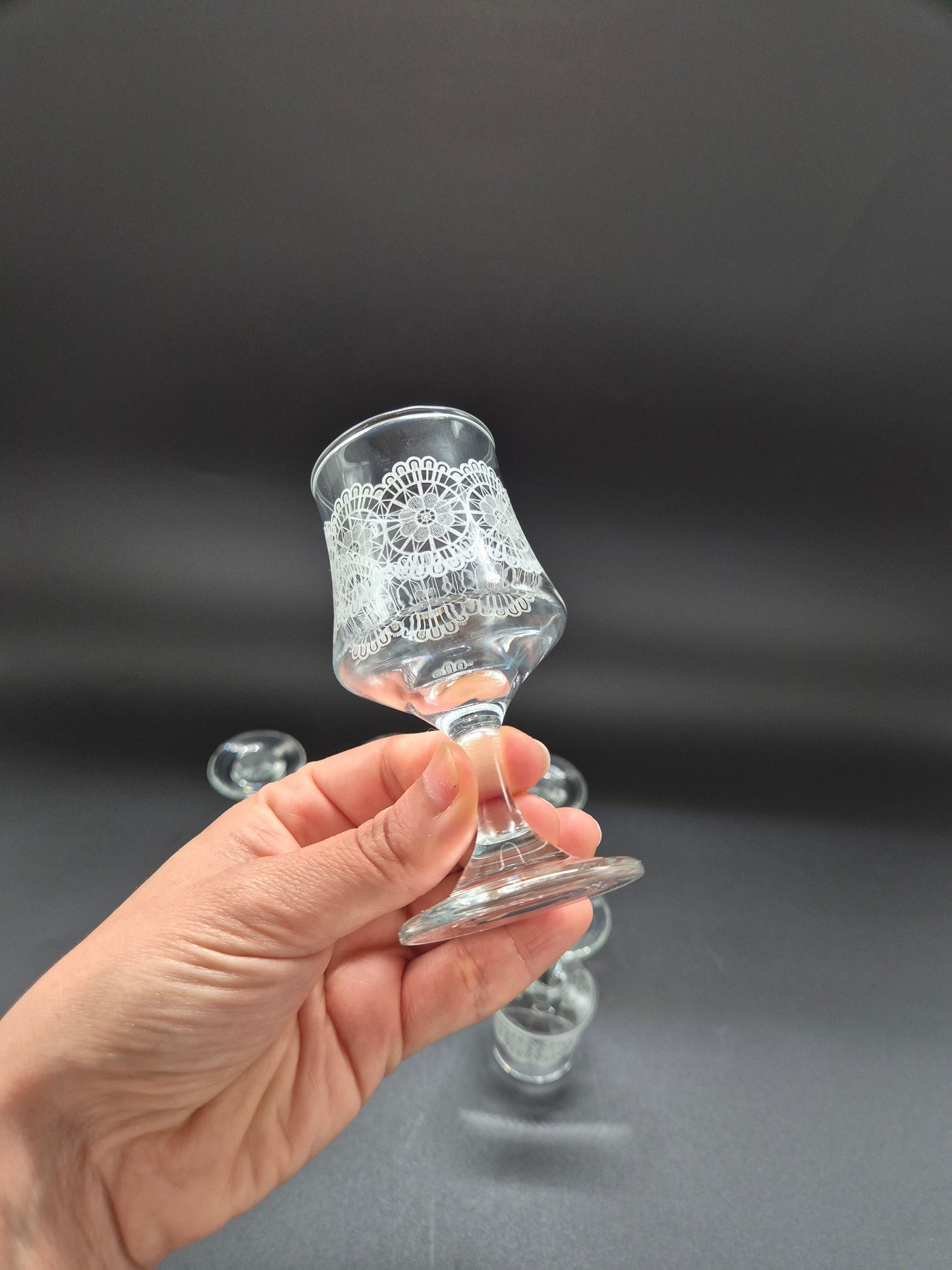 Set of 6 Vintage Lace Pattern Liqueur Glasses | Etched Cocktail Glasses | Retro Finnish Barware