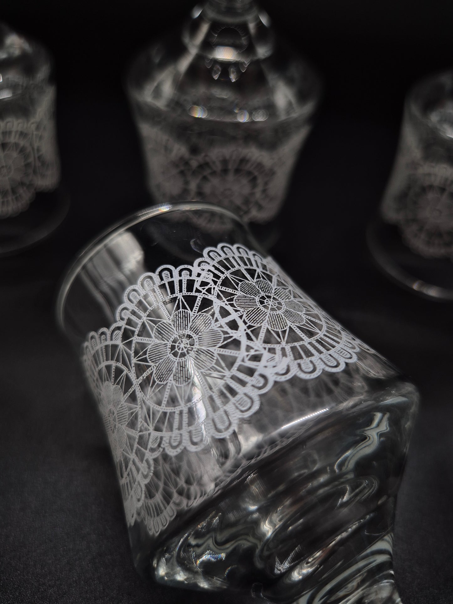 Set of 6 Vintage Lace Pattern Liqueur Glasses | Etched Cocktail Glasses | Retro Finnish Barware