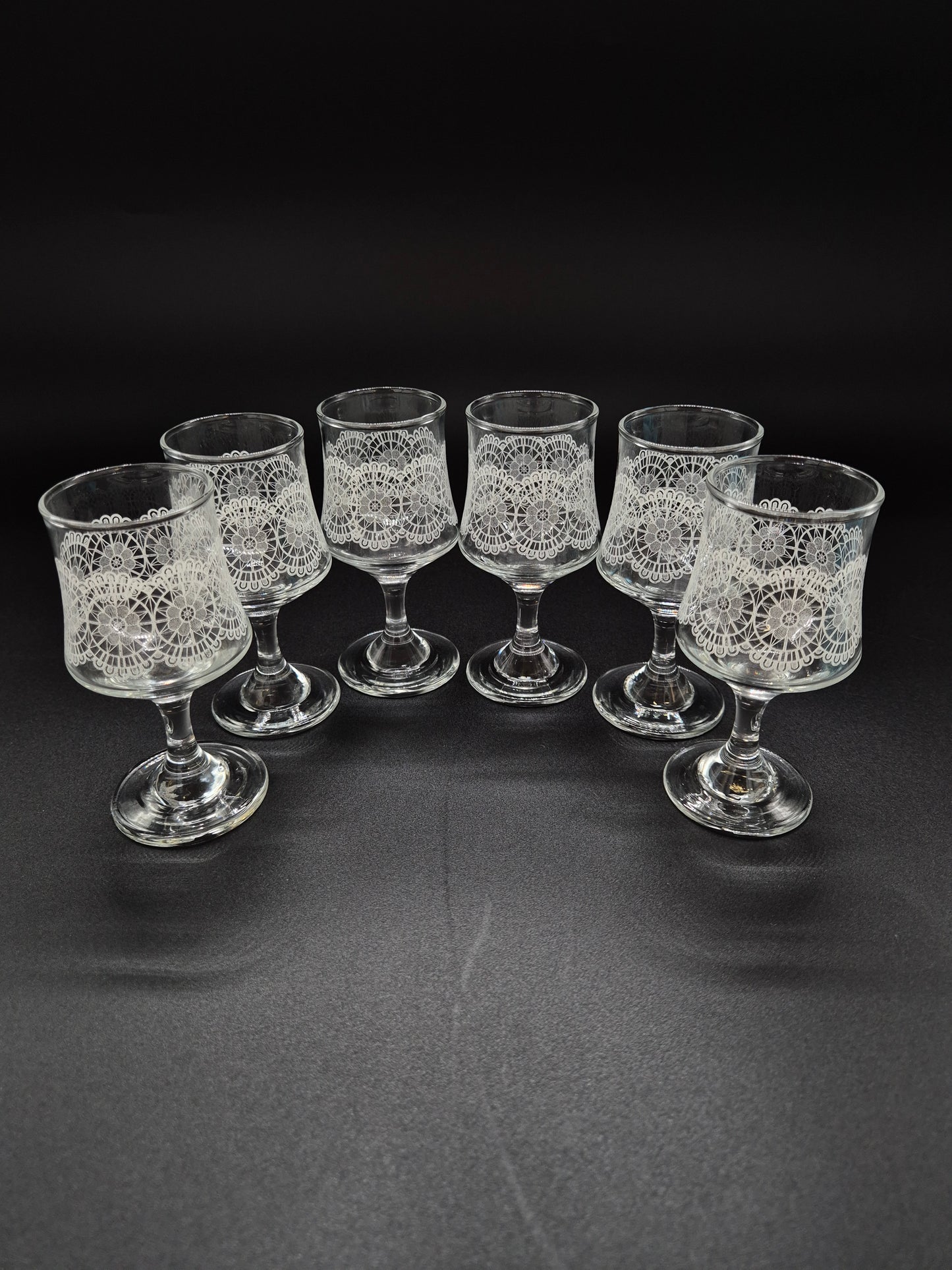 Set of 6 Vintage Lace Pattern Liqueur Glasses | Etched Cocktail Glasses | Retro Finnish Barware