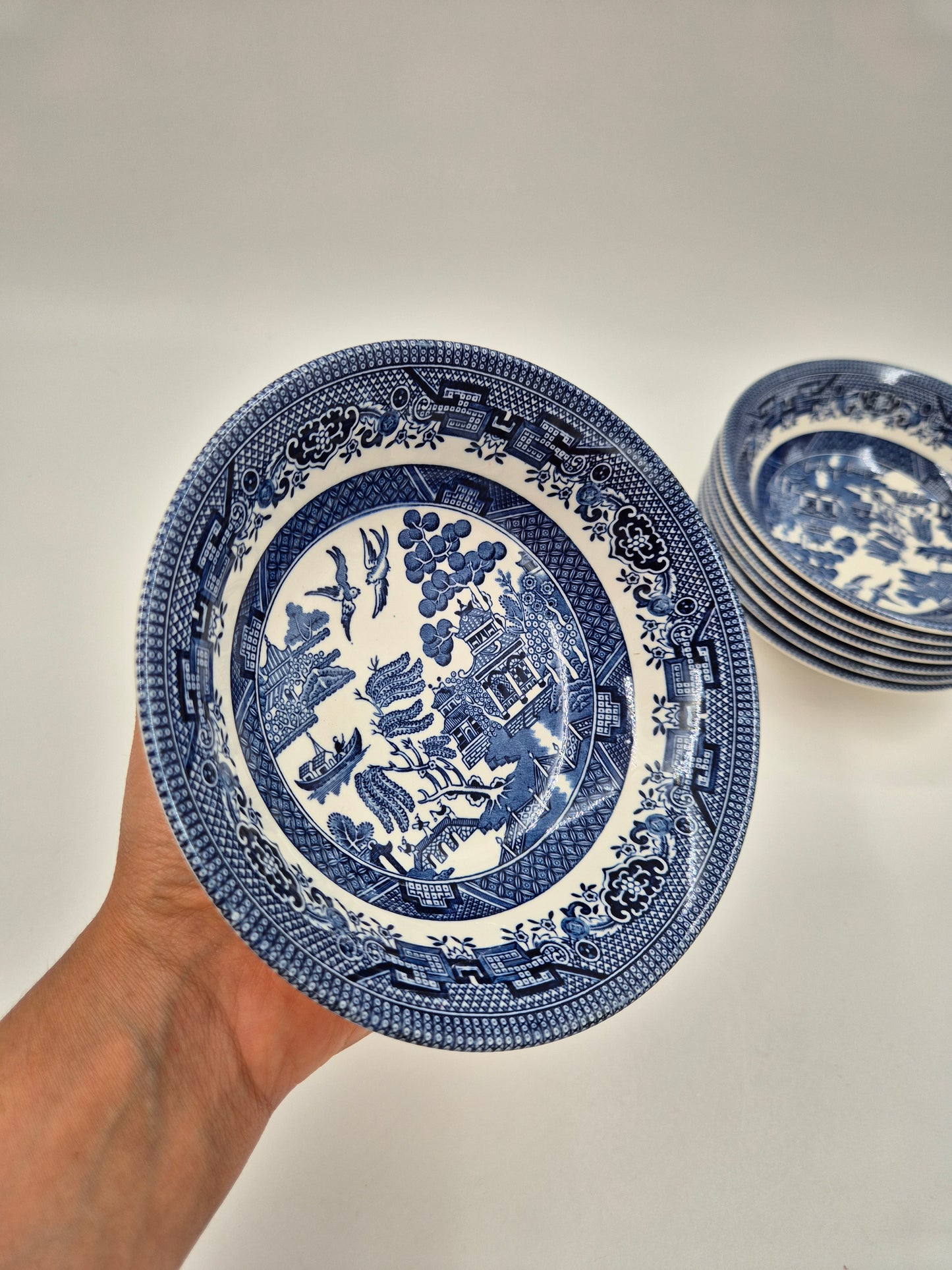Set of 8 Vintage Churchill England Blue Willow Dessert Bowls | Blue & White English Transferware