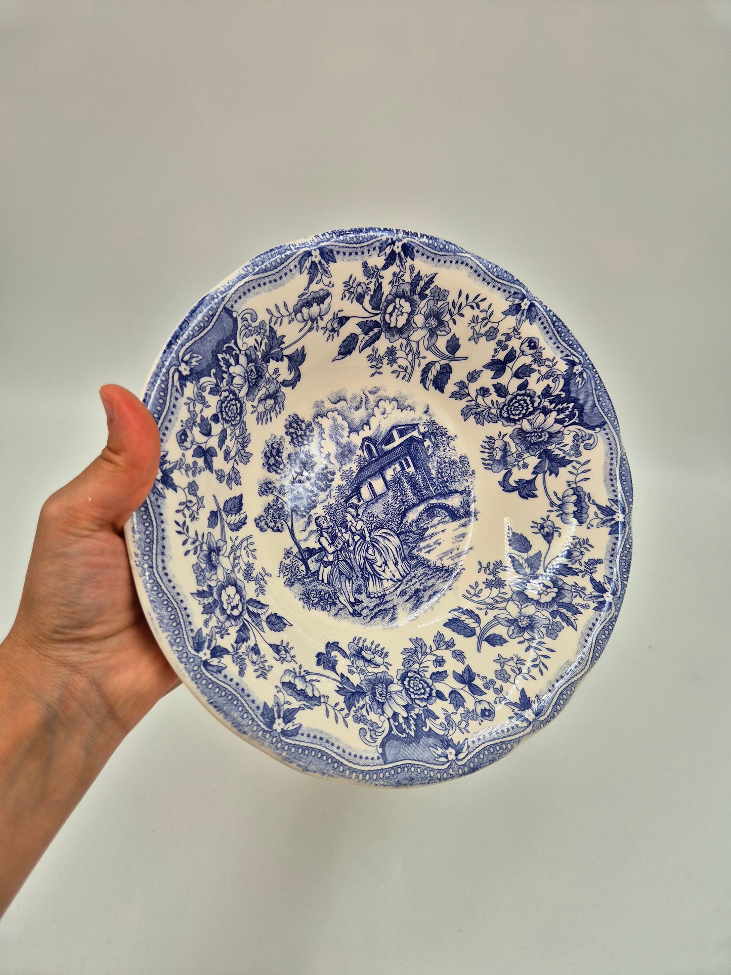 Vintage Italian Ironstone Serving Bowl 25 cm | Blue & White Floral Transferware Bowl
