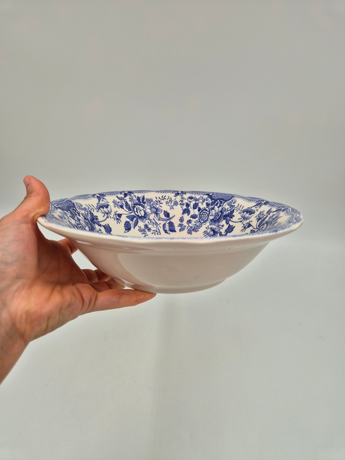 Vintage Italian Ironstone Serving Bowl 25 cm | Blue & White Floral Transferware Bowl