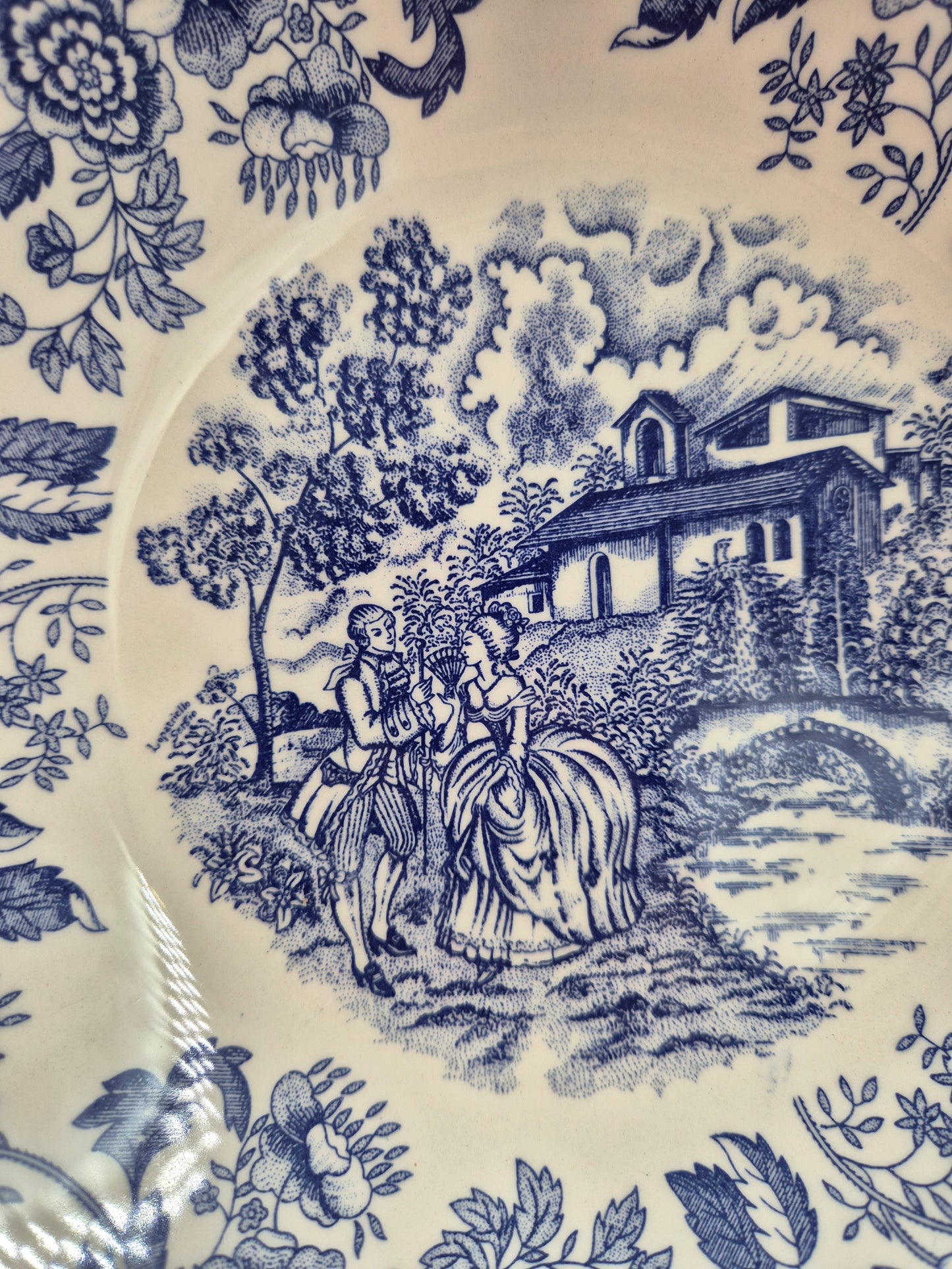 Vintage Italian Ironstone Serving Bowl 25 cm | Blue & White Floral Transferware Bowl