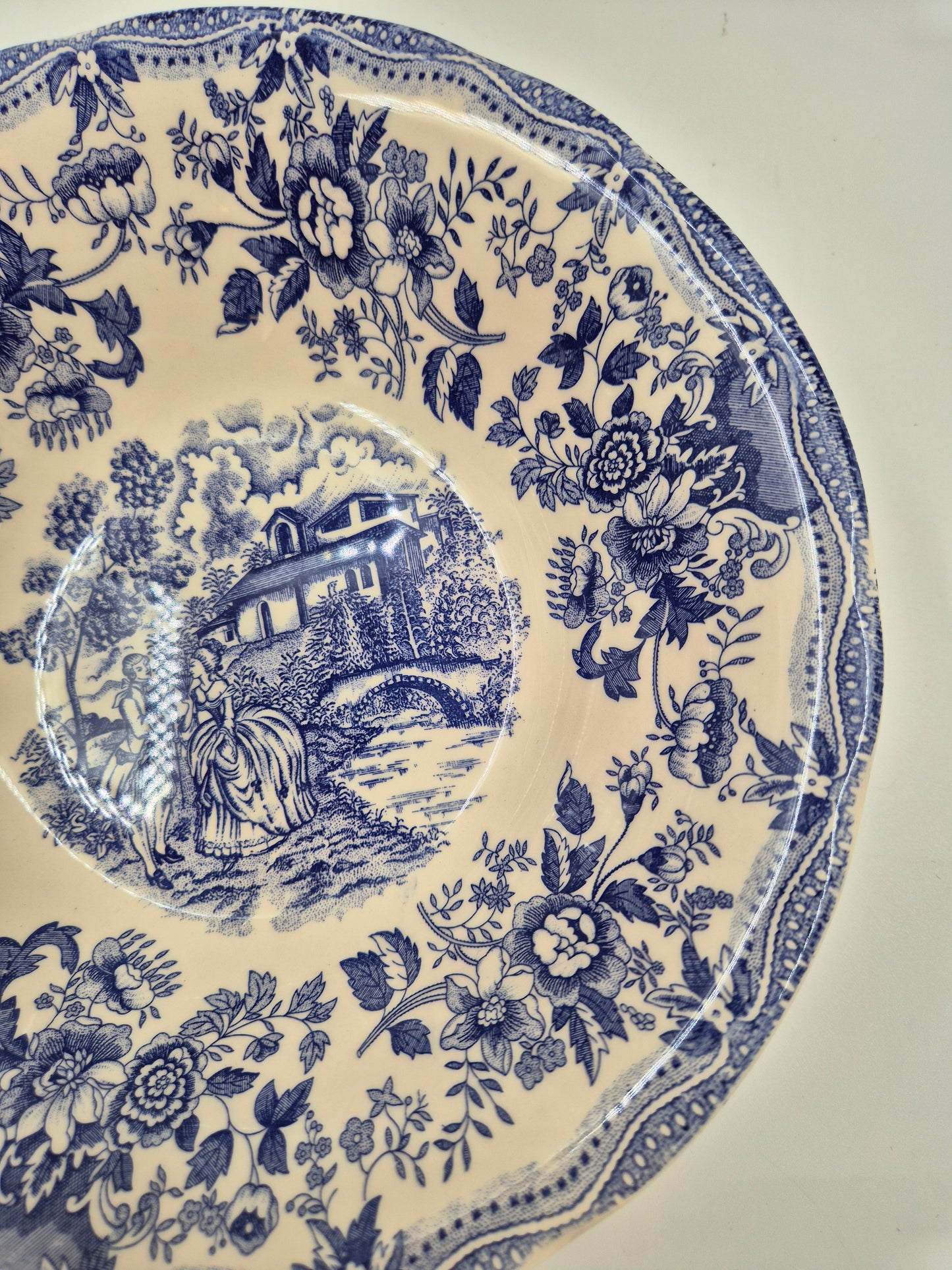 Vintage Italian Ironstone Serving Bowl 25 cm | Blue & White Floral Transferware Bowl
