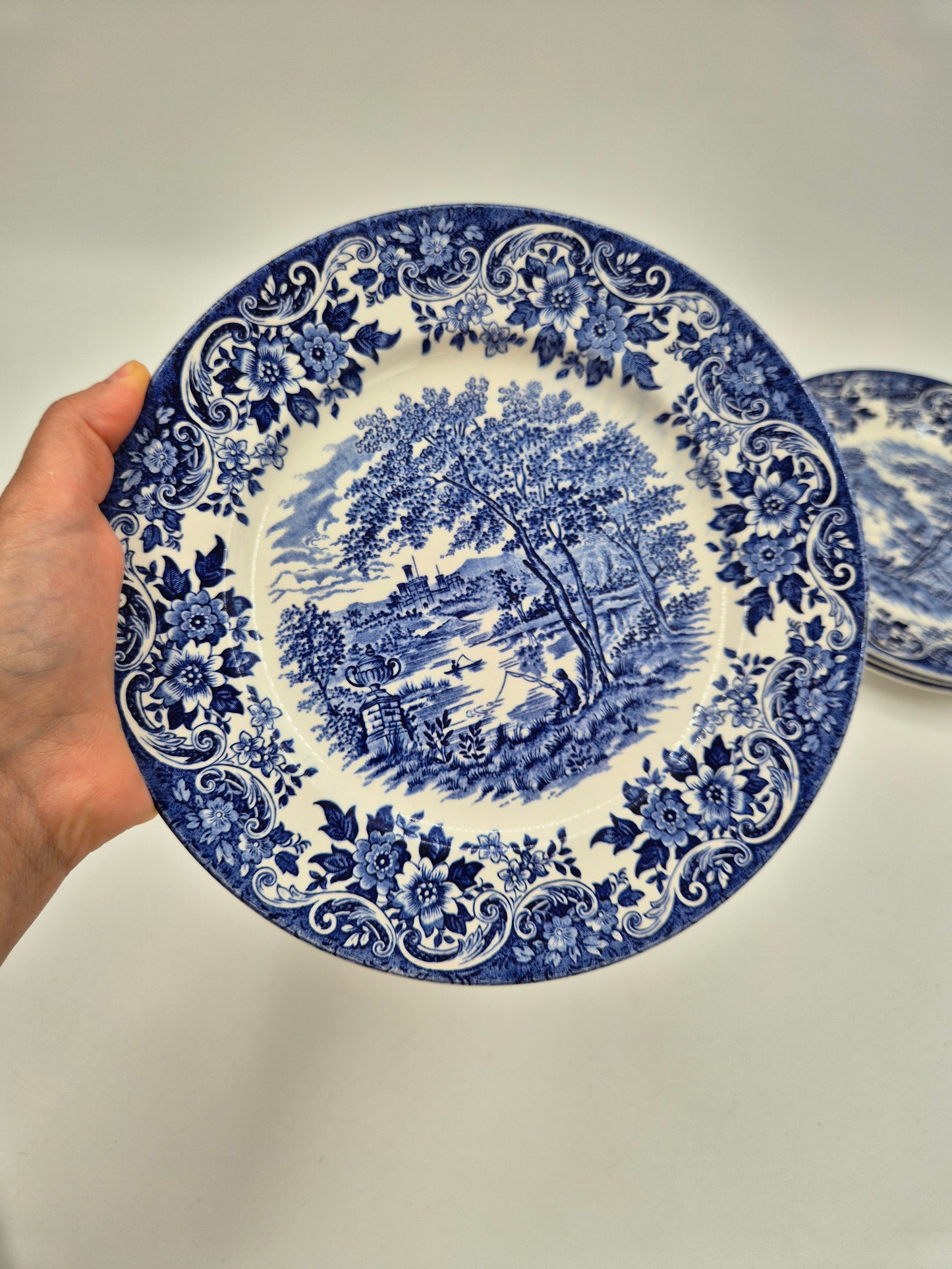 Set of 6 Vintage Broadhurst England Ironstone "English Scene" Plates 22.5 cm | Blue & White Transferware