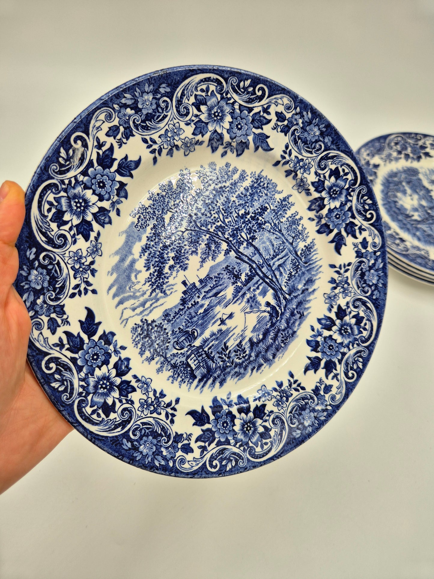 Set of 6 Vintage Broadhurst England Ironstone "English Scene" Plates 22.5 cm | Blue & White Transferware