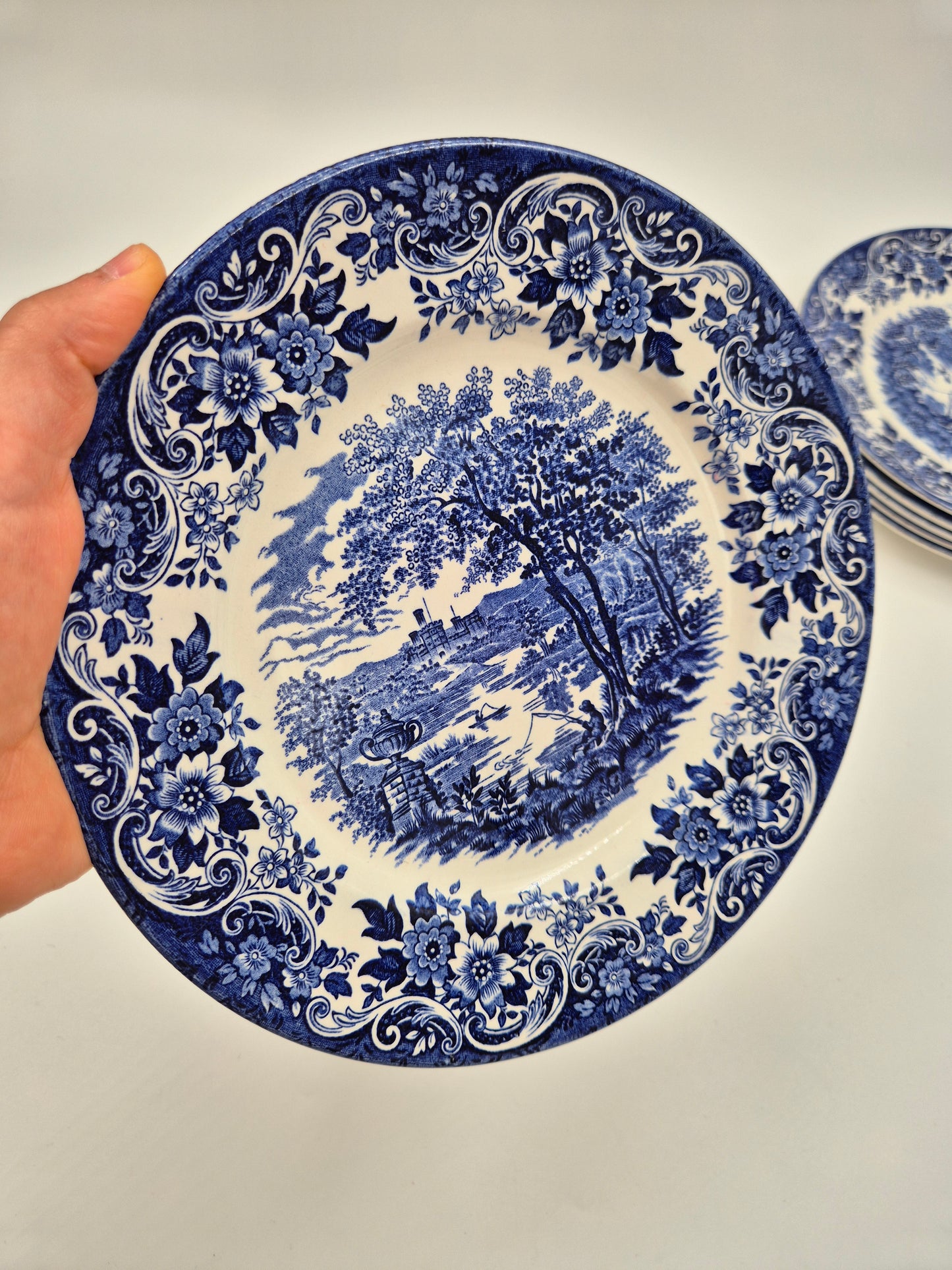 Set of 6 Vintage Broadhurst England Ironstone "English Scene" Plates 22.5 cm | Blue & White Transferware