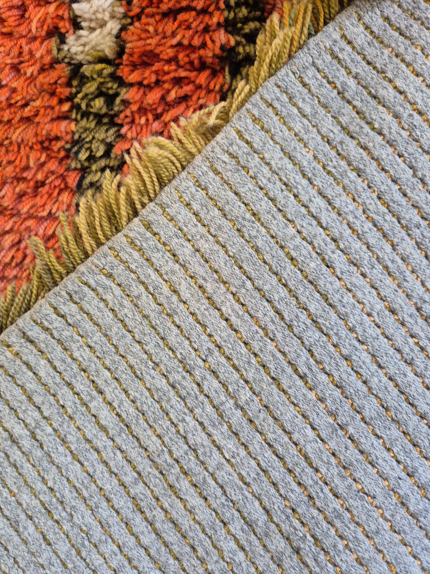 Vintage Finnish Ryijy Wall Hanging 100 x 150 cm | Handmade Wool Tapestry | Abstract Orange & Green Textile Art | Scandinavian Fiber Art