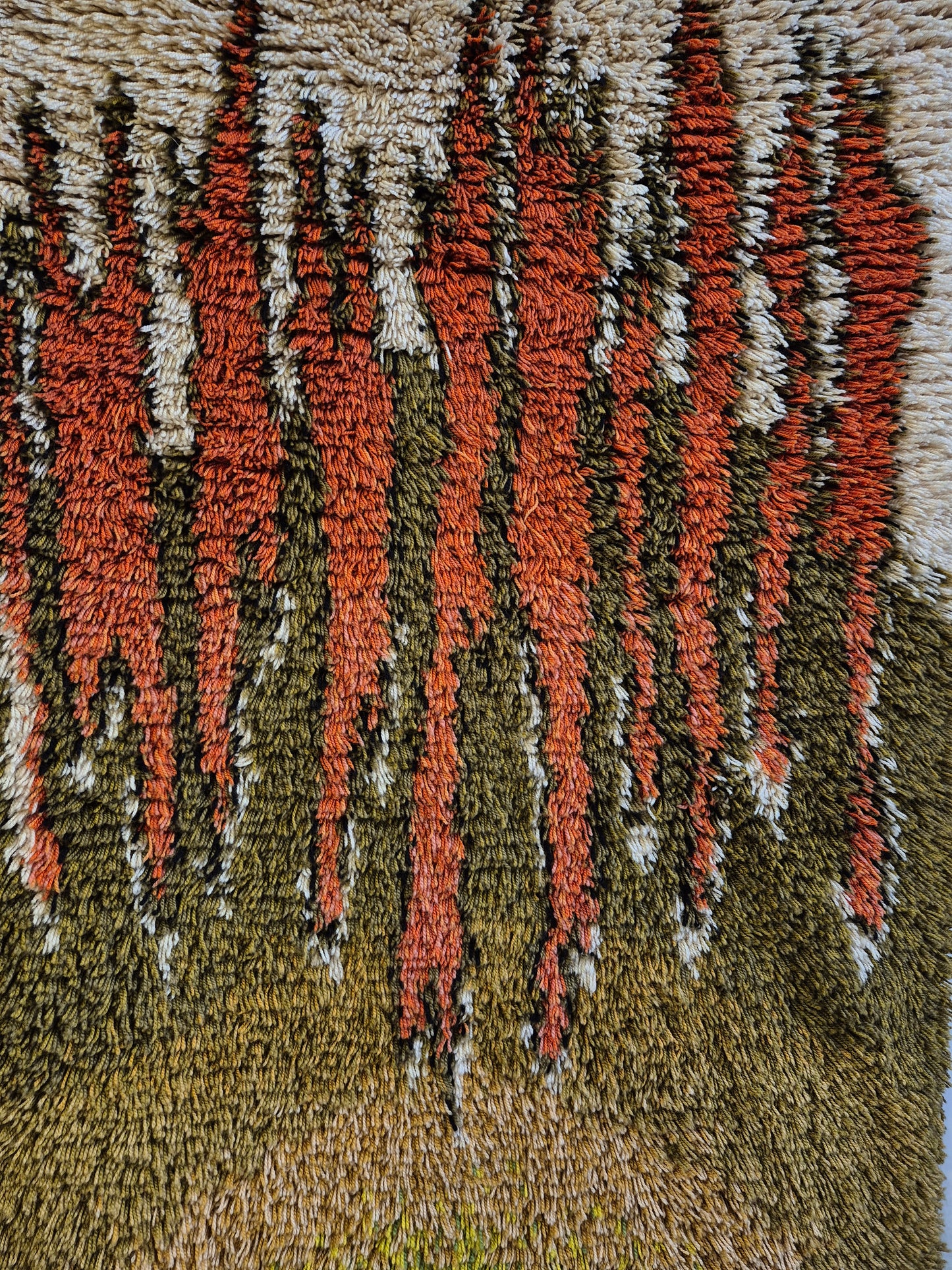 Vintage Finnish Ryijy Wall Hanging 100 x 150 cm | Handmade Wool Tapestry | Abstract Orange & Green Textile Art | Scandinavian Fiber Art