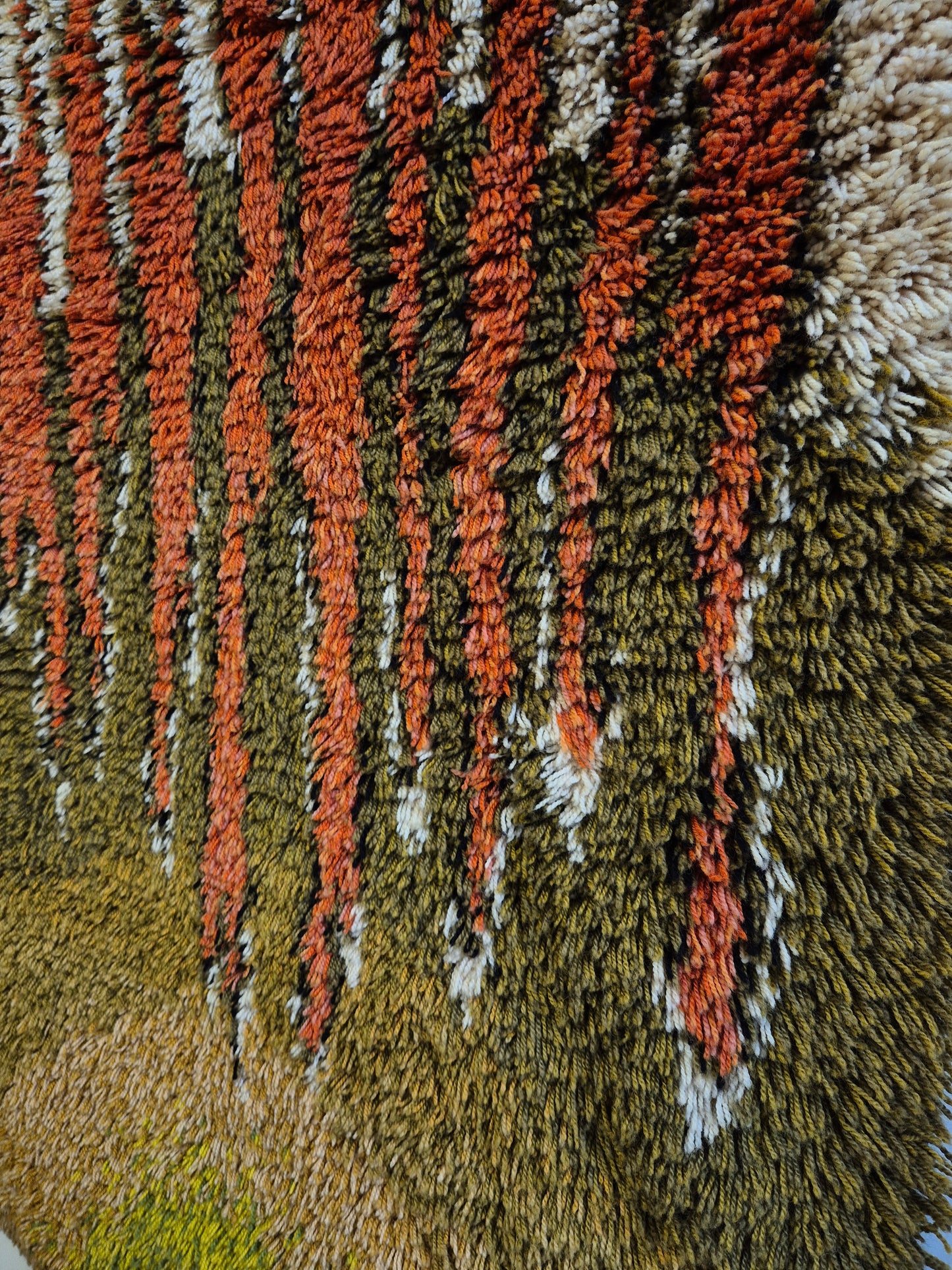 Vintage Finnish Ryijy Wall Hanging 100 x 150 cm | Handmade Wool Tapestry | Abstract Orange & Green Textile Art | Scandinavian Fiber Art