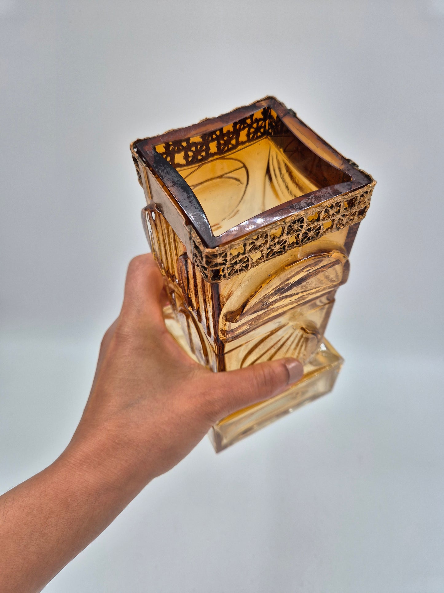 Vintage Pentti Sarpaneva for Kumela Finland Honey Yellow Art Glass Vase with Bronze Rim | Mid-Century Modern Scandinavian Design | Amber Crystal Vase