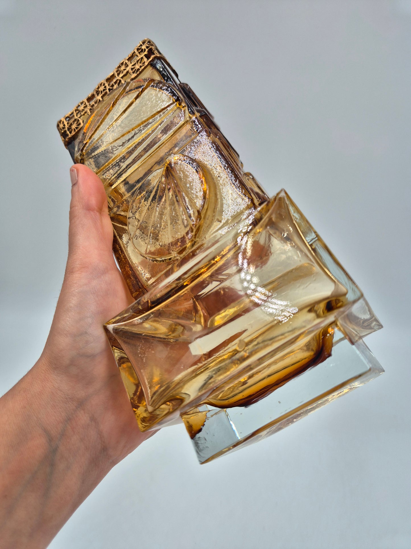 Vintage Pentti Sarpaneva for Kumela Finland Honey Yellow Art Glass Vase with Bronze Rim | Mid-Century Modern Scandinavian Design | Amber Crystal Vase