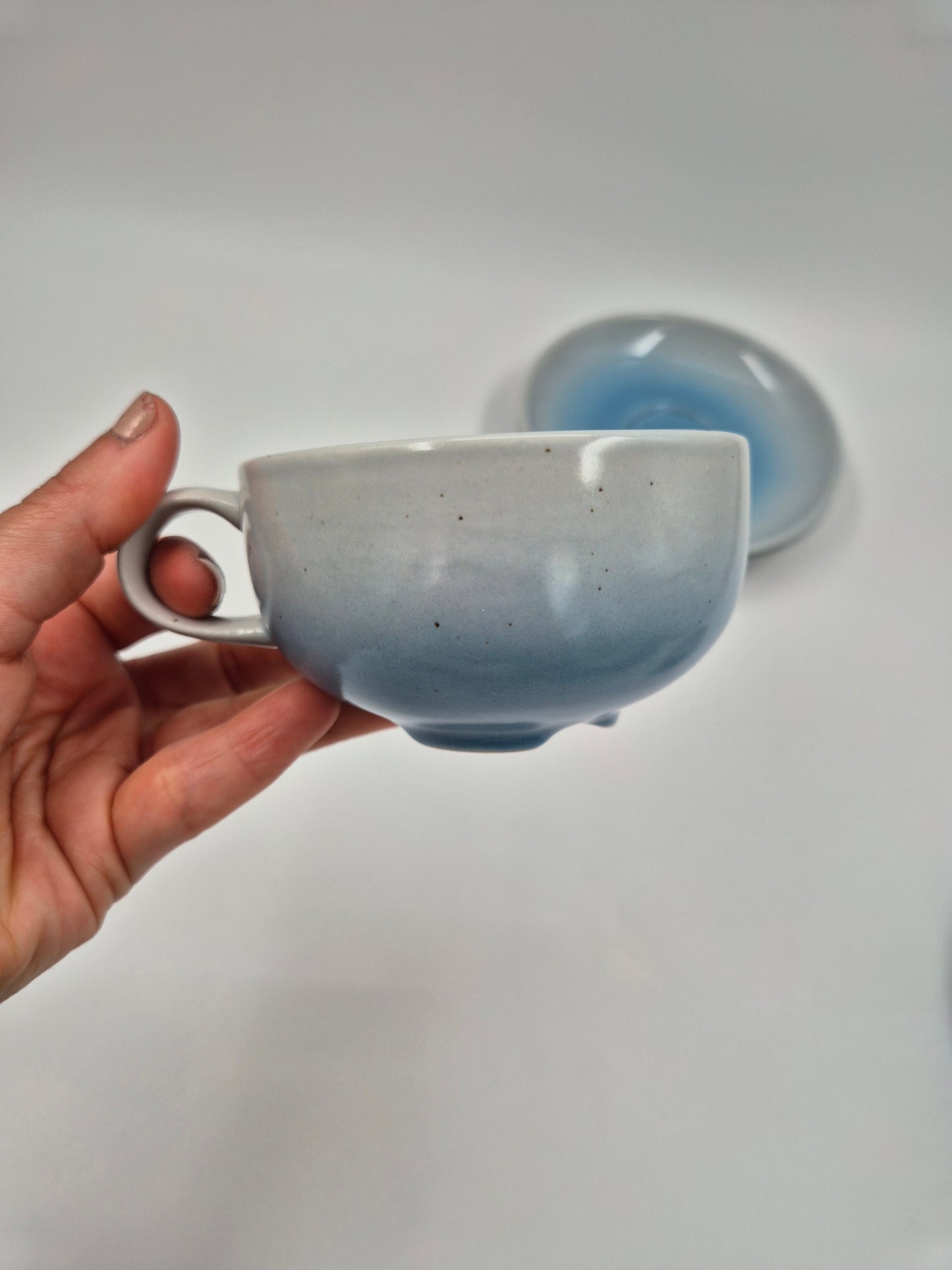 Vintage Pentik Salvia Coffee Cup & Saucer | Finnish Stoneware | Light Blue Gradient | Nordic Scandinavian Pottery | Made in Finland