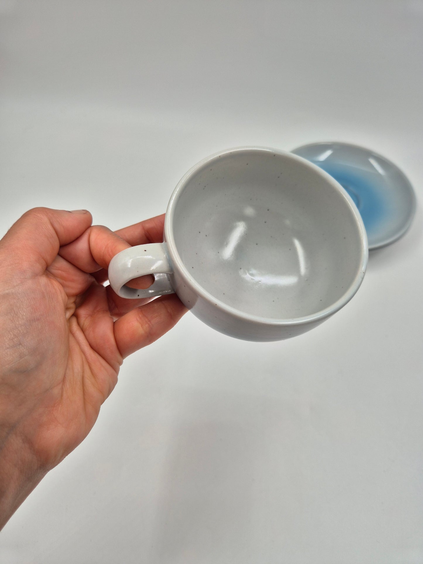 Vintage Pentik Salvia Coffee Cup & Saucer | Finnish Stoneware | Light Blue Gradient | Nordic Scandinavian Pottery | Made in Finland