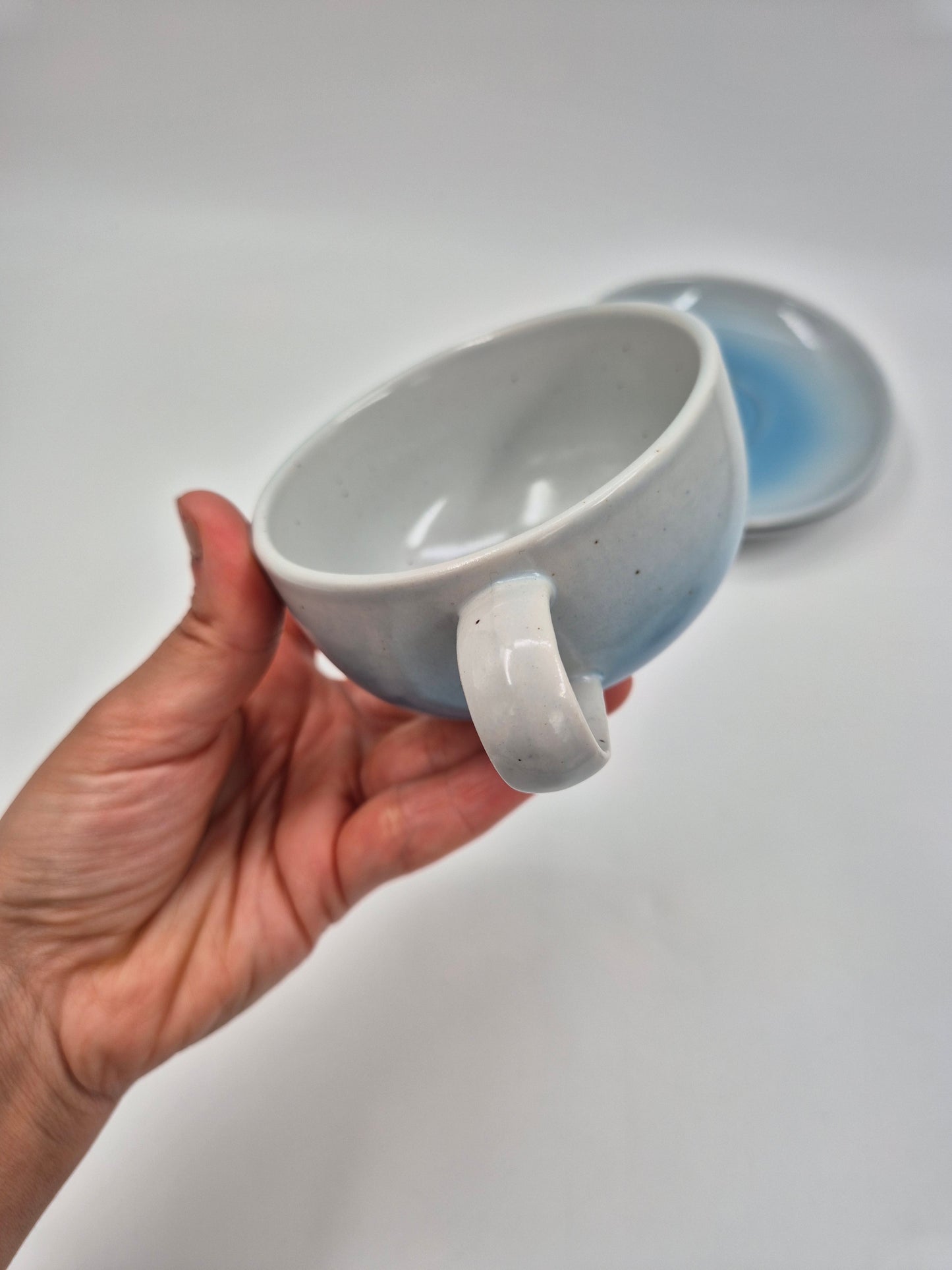 Vintage Pentik Salvia Coffee Cup & Saucer | Finnish Stoneware | Light Blue Gradient | Nordic Scandinavian Pottery | Made in Finland