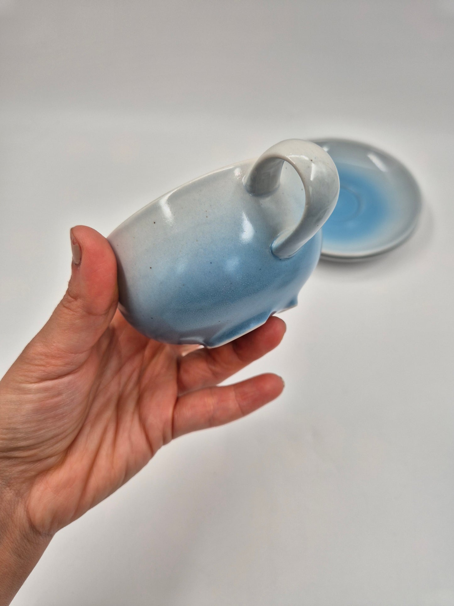 Vintage Pentik Salvia Coffee Cup & Saucer | Finnish Stoneware | Light Blue Gradient | Nordic Scandinavian Pottery | Made in Finland