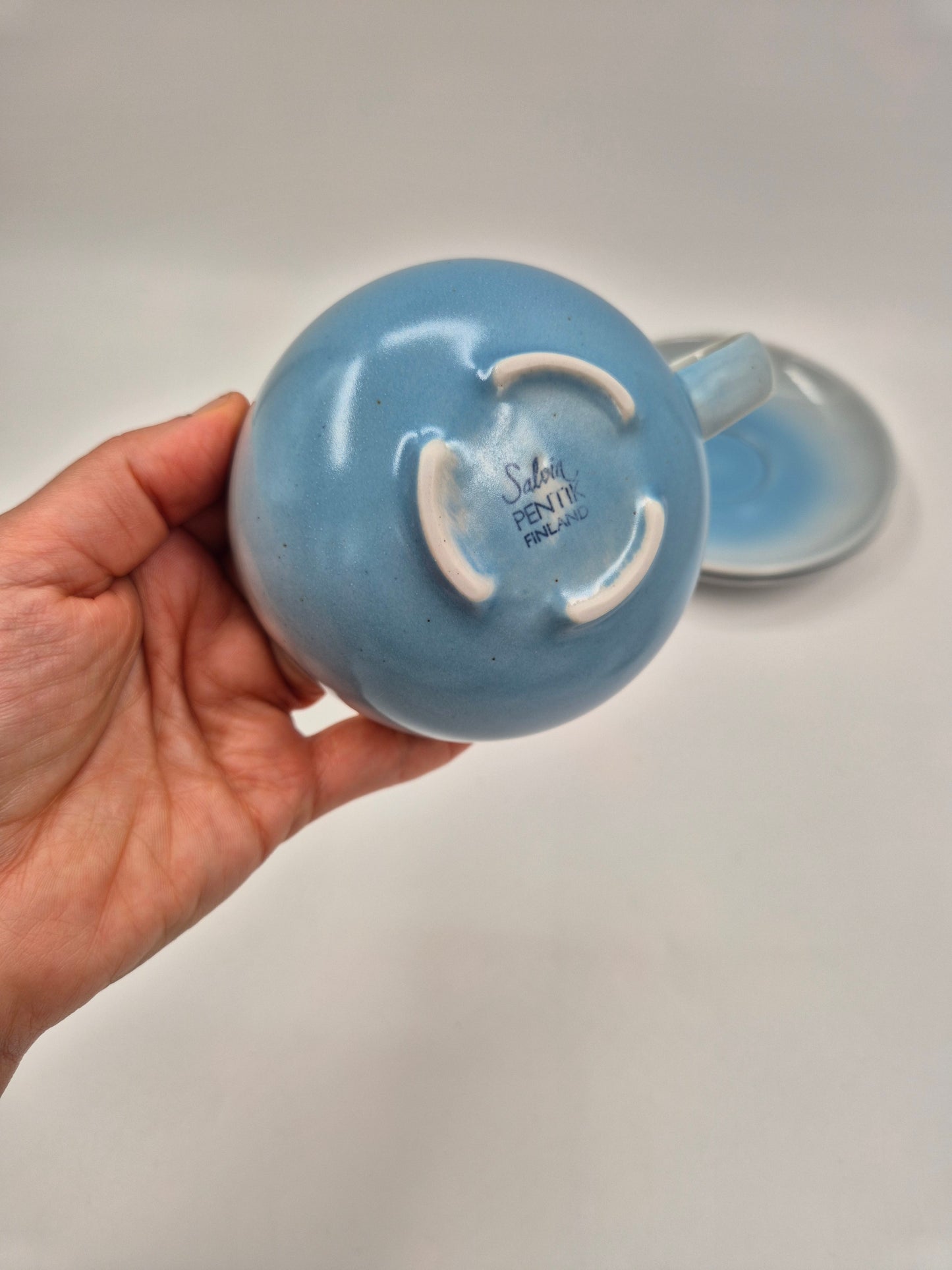 Vintage Pentik Salvia Coffee Cup & Saucer | Finnish Stoneware | Light Blue Gradient | Nordic Scandinavian Pottery | Made in Finland