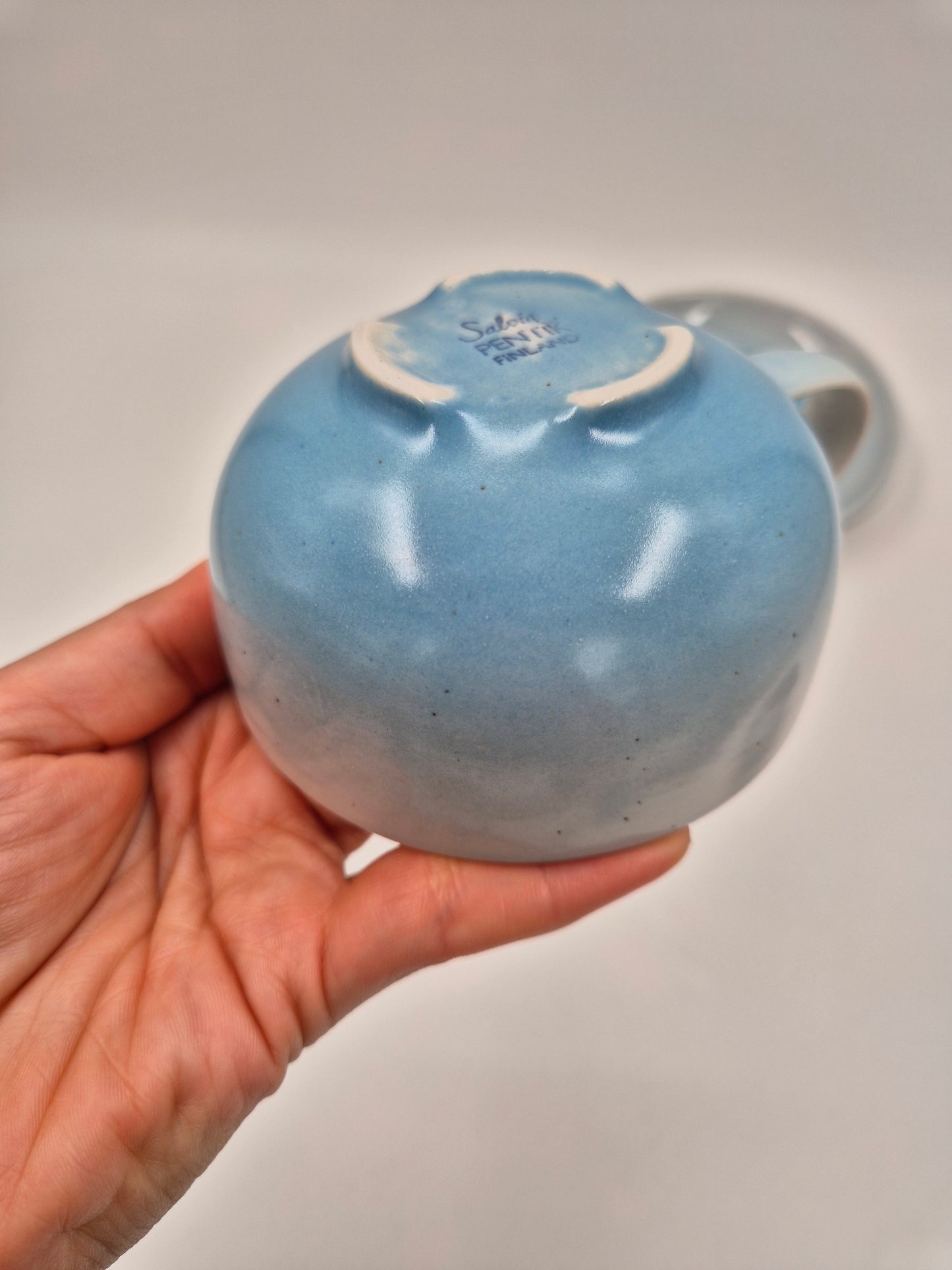 Vintage Pentik Salvia Coffee Cup & Saucer | Finnish Stoneware | Light Blue Gradient | Nordic Scandinavian Pottery | Made in Finland