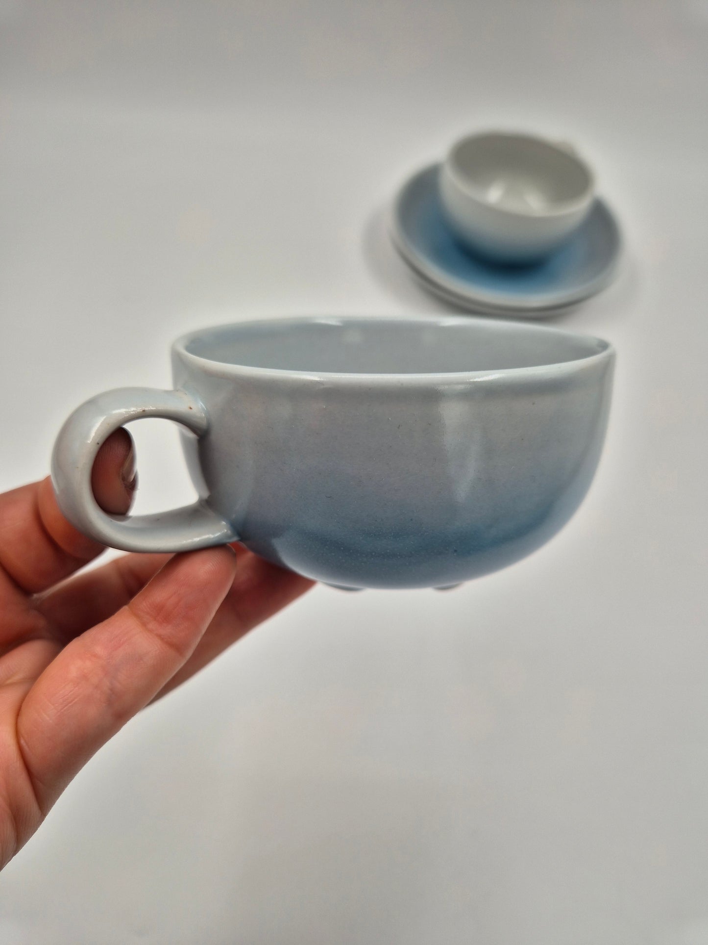 Vintage Pentik Salvia Coffee Cup & Saucer | Finnish Stoneware | Light Blue Gradient | Nordic Scandinavian Pottery | Made in Finland