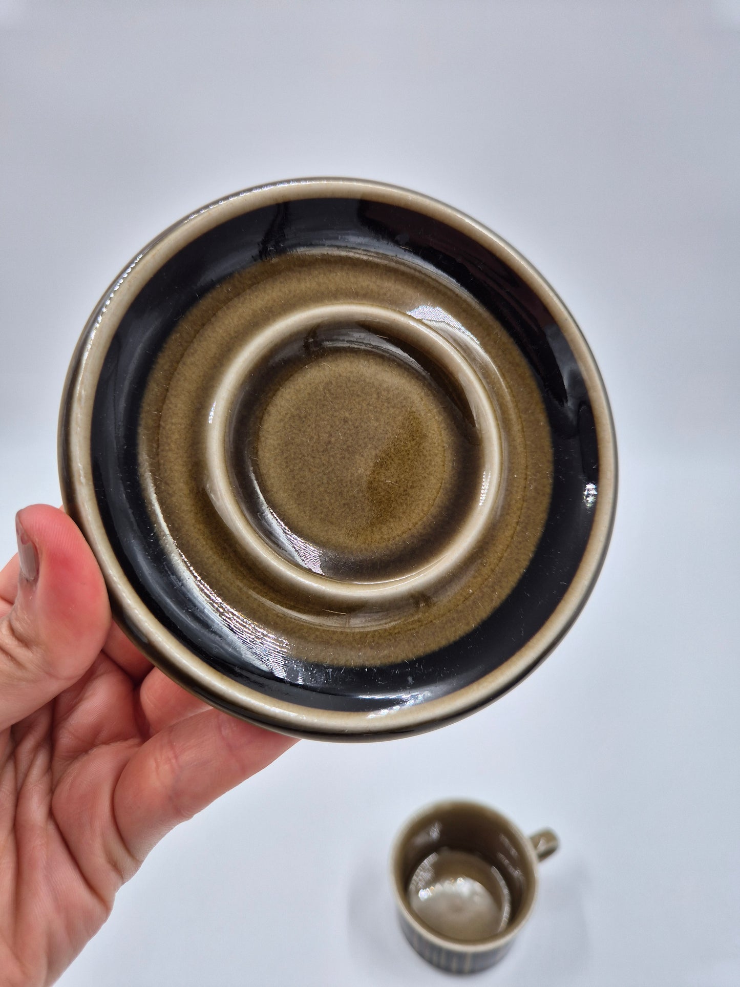 Arabia Kosmos Mokka Cup Set – Coffee Cup, Saucer & Dessert Plate – Gunvor Olin-Grönqvist – Finnish Vintage Stoneware
