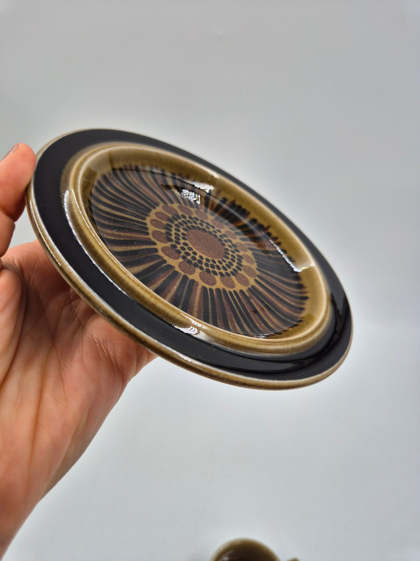 Arabia Kosmos Mokka Cup Set – Coffee Cup, Saucer & Dessert Plate – Gunvor Olin-Grönqvist – Finnish Vintage Stoneware