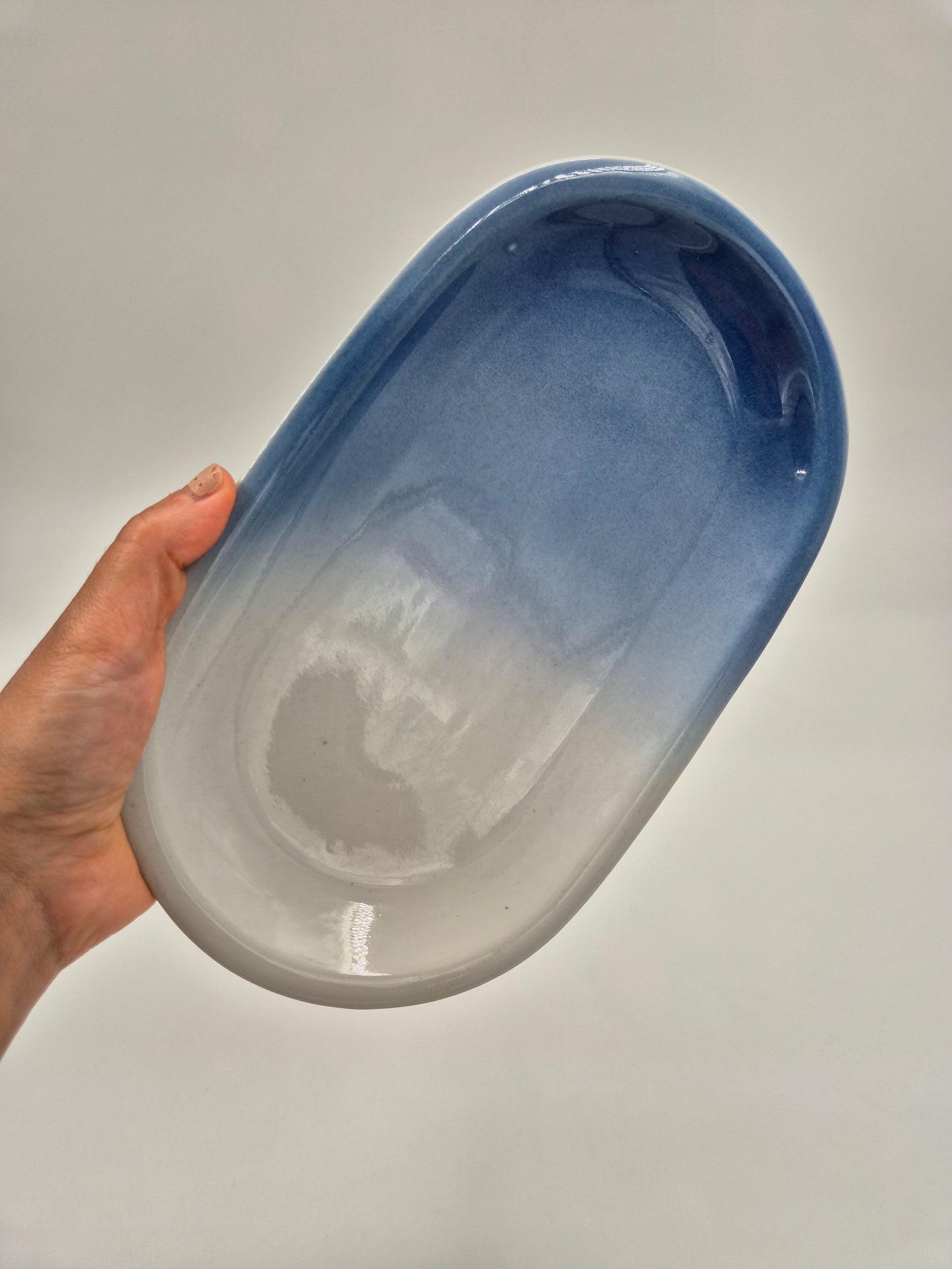 Vintage Pentik Finland Oval Serving Platter | Blue Gradient Ceramic Tray | Scandinavian Stoneware Serving Dish | 17 x 28 cm