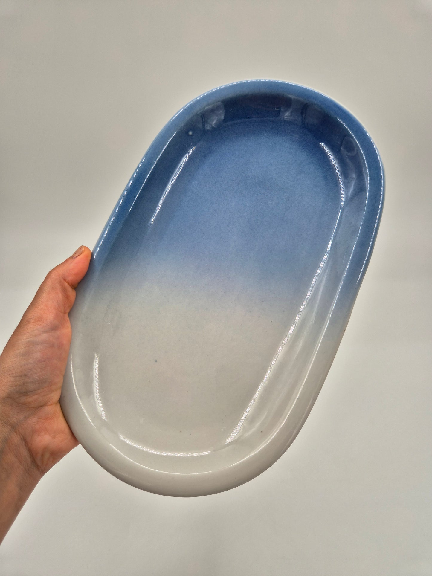 Vintage Pentik Finland Oval Serving Platter | Blue Gradient Ceramic Tray | Scandinavian Stoneware Serving Dish | 17 x 28 cm