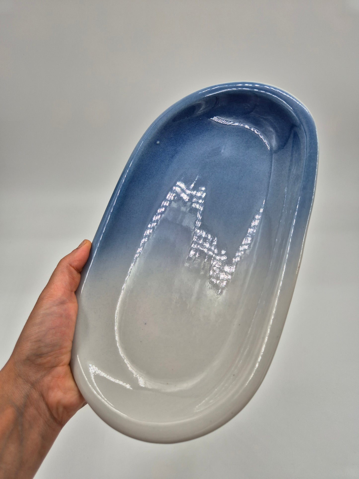 Vintage Pentik Finland Oval Serving Platter | Blue Gradient Ceramic Tray | Scandinavian Stoneware Serving Dish | 17 x 28 cm