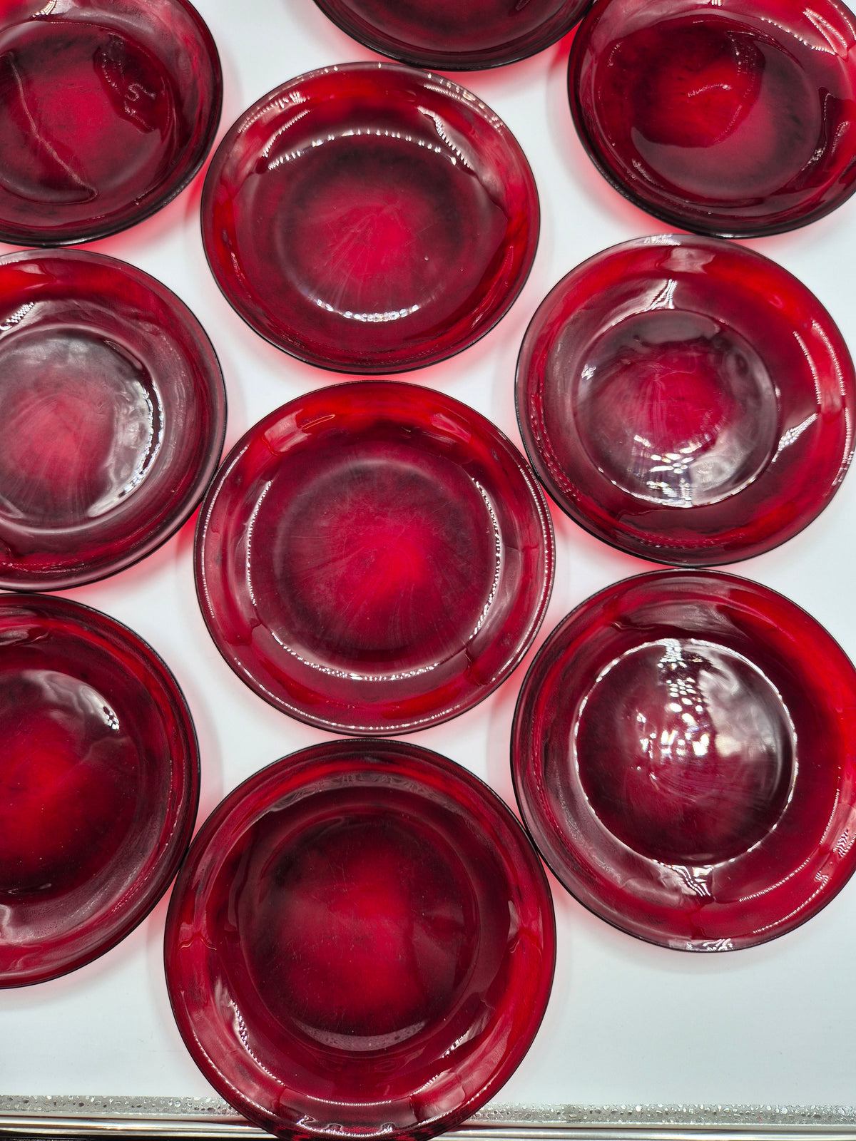Set of 13 Vintage Arcoroc Ruby Red Dessert Plates | French Red Glass Plates 19 cm | Mid Century Scandinavian Tableware