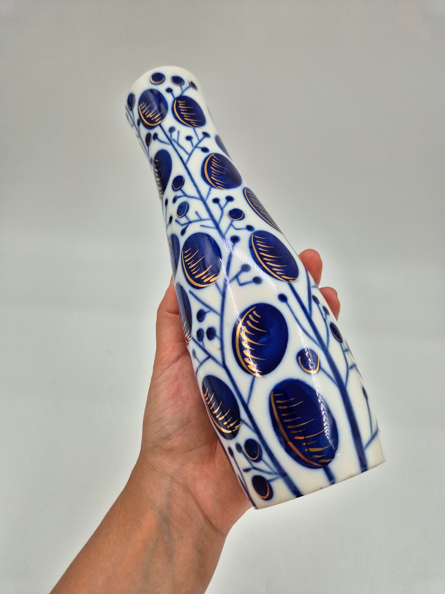 Vintage LFZ Lomonosov Porcelain Vase "Plums" by Vladimir Gorodetsky | Cobalt & Gold USSR Vase | 1960s Soviet Design