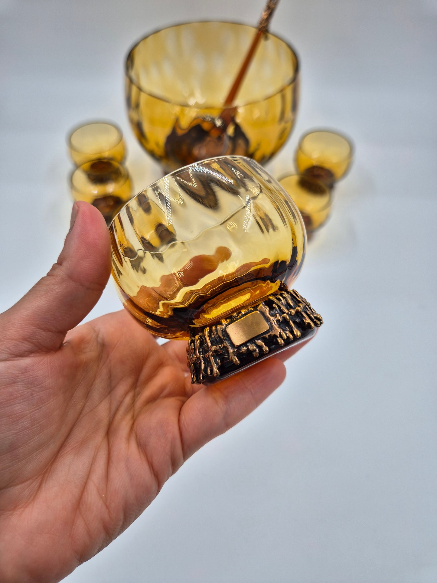 Pentti Sarpaneva Kaarna Vintage Punch Bowl Set – Turun Hopea & Kumela – Amber Glass, Bronze, 8-Piece Finnish Mid Century Modern Barware